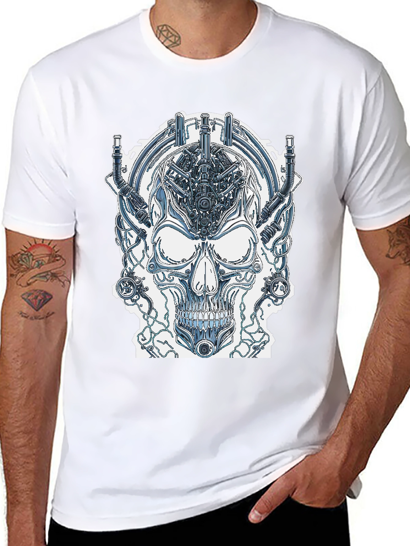 Black Cyberpunk Skull Graphic Tee - Edgy Sci-Fi Design view 8