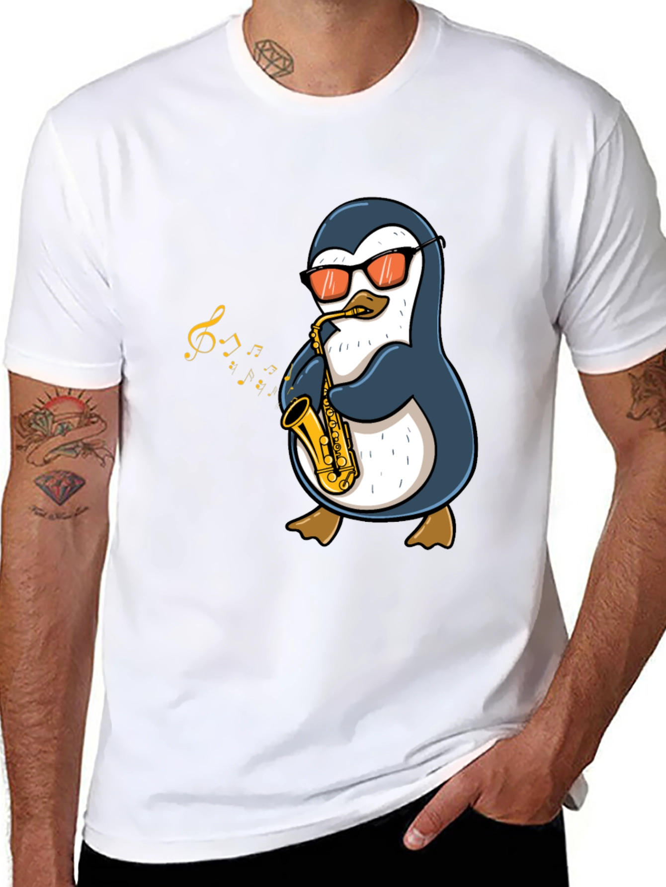 Black Penguin Sax Player Graphic T-Shirt - Cool Music Tee view 8