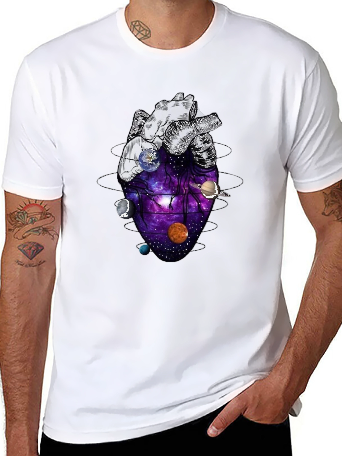 Black Anatomical Heart Planets Universe Men's T-Shirt view 8