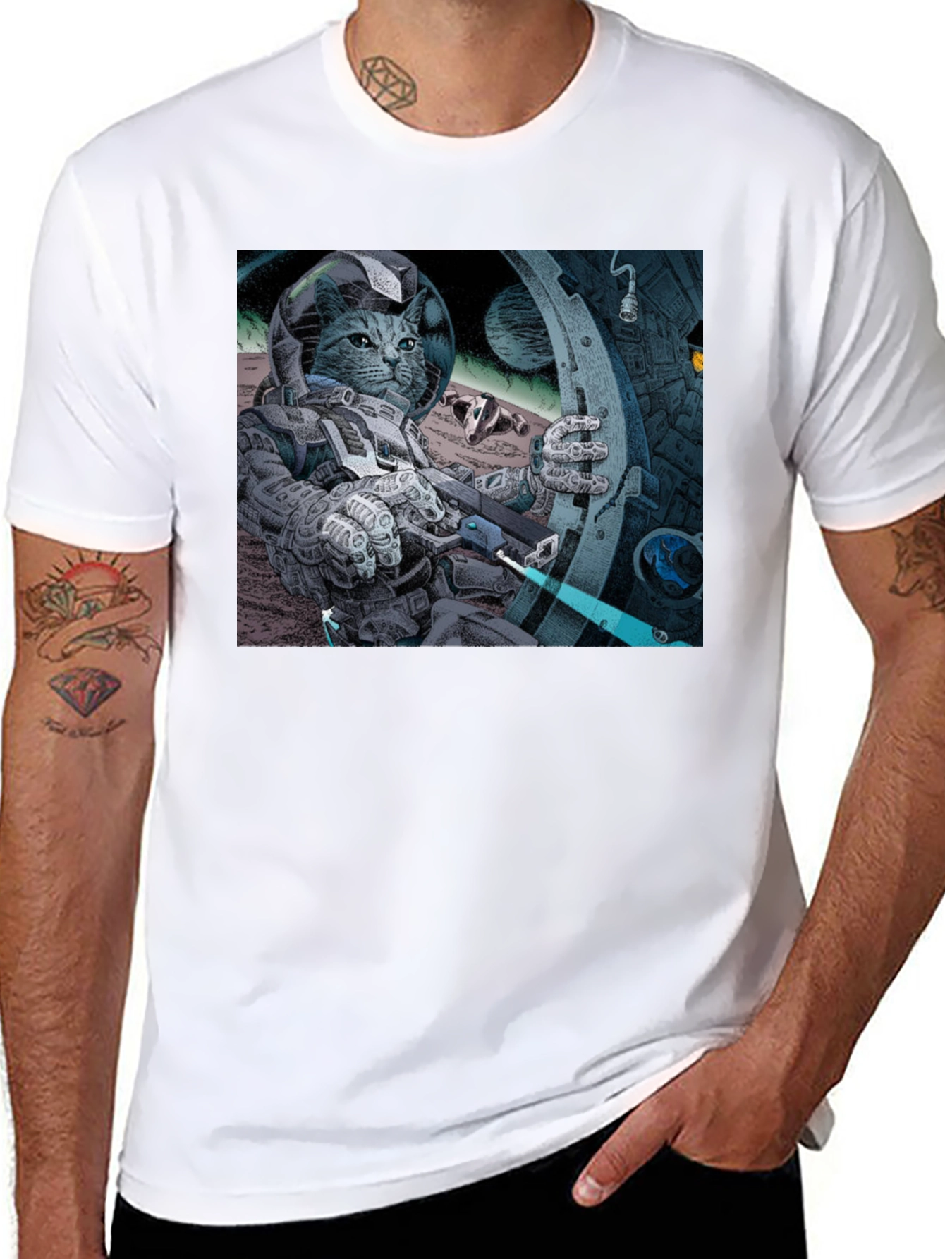 Black Cosmic Cat Astronaut T-Shirt - Cool Graphic Tee view 8