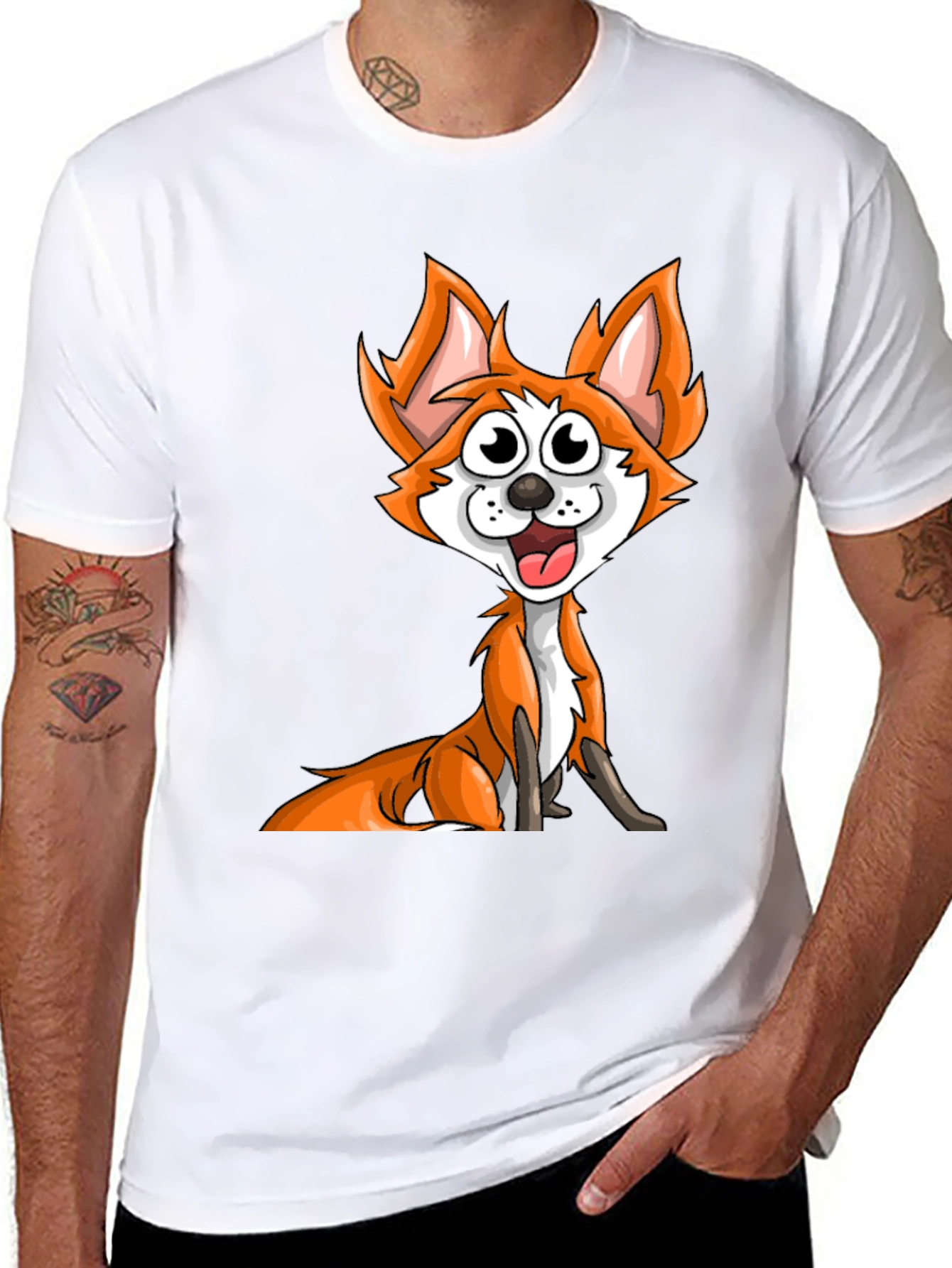 Black Cartoon Fox Graphic Tee - Black Crew Neck T-Shirt view 8
