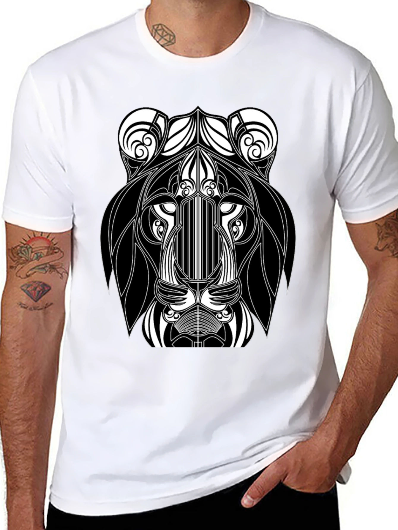 Black Abstract Lion Head Black Graphic T-Shirt view 8