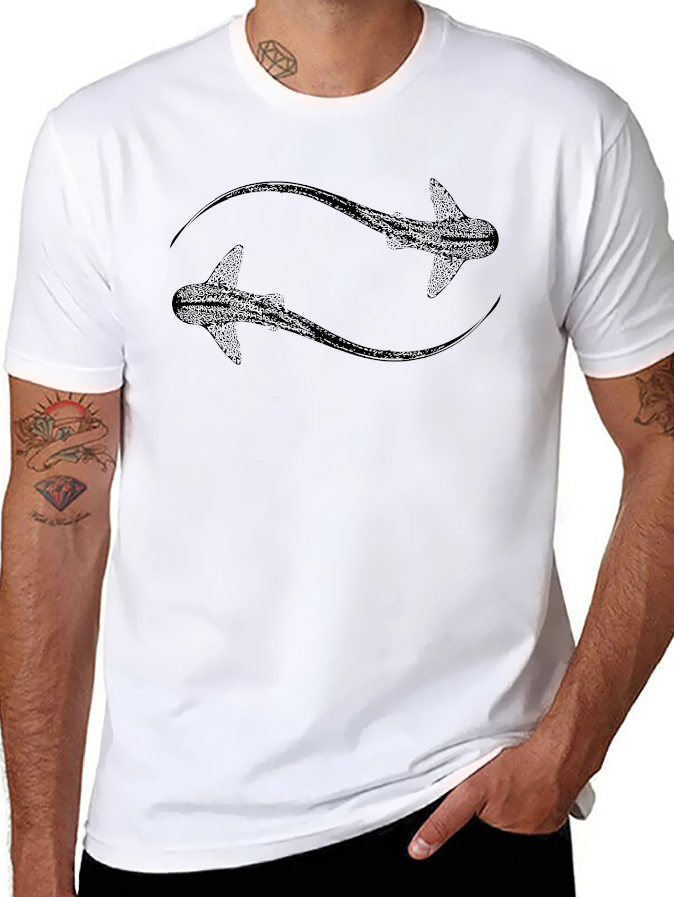 Black Stylish Black Graphic Tee - Shark Design view 8