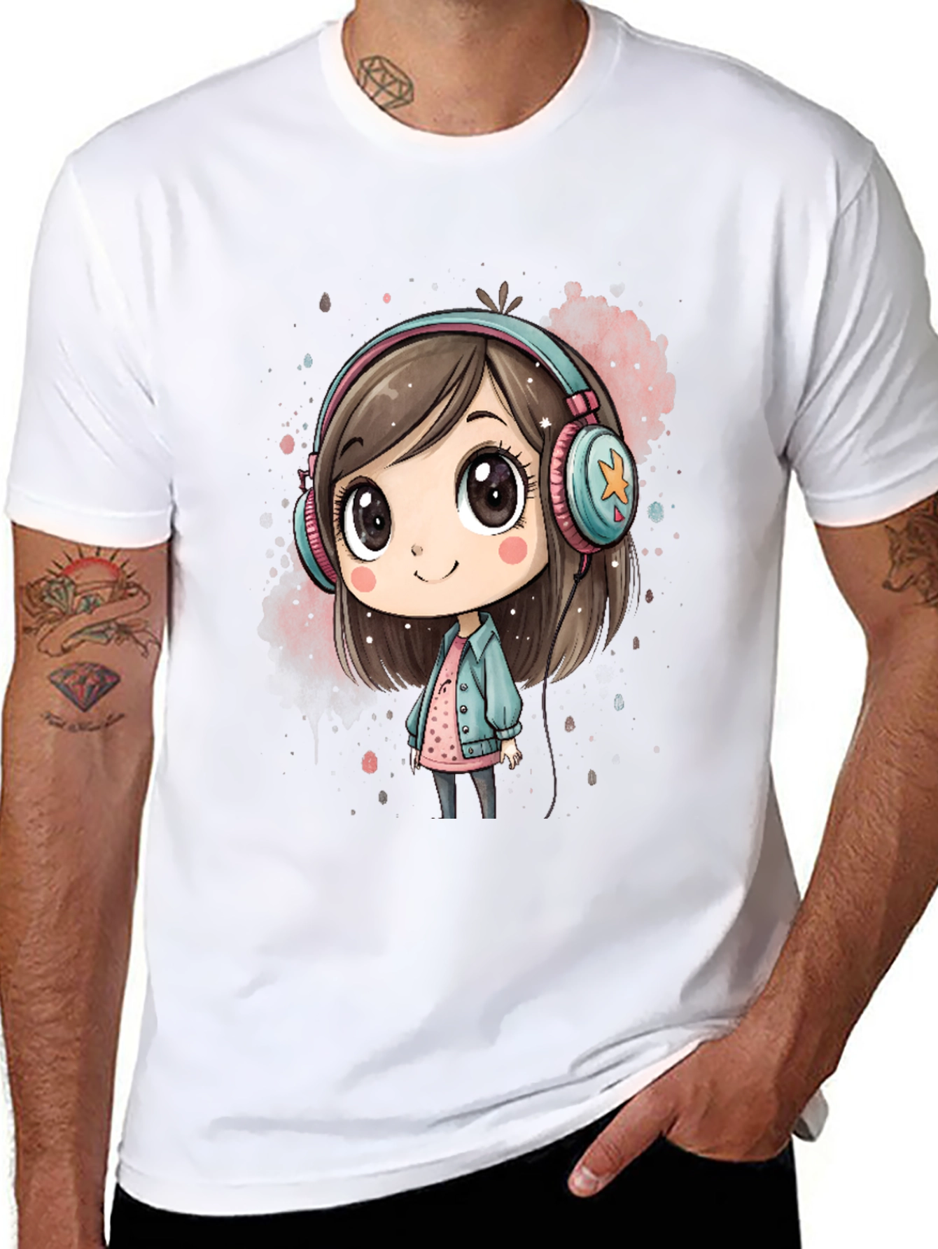Black Cute Cartoon Girl Headphones Black T-Shirt view 8