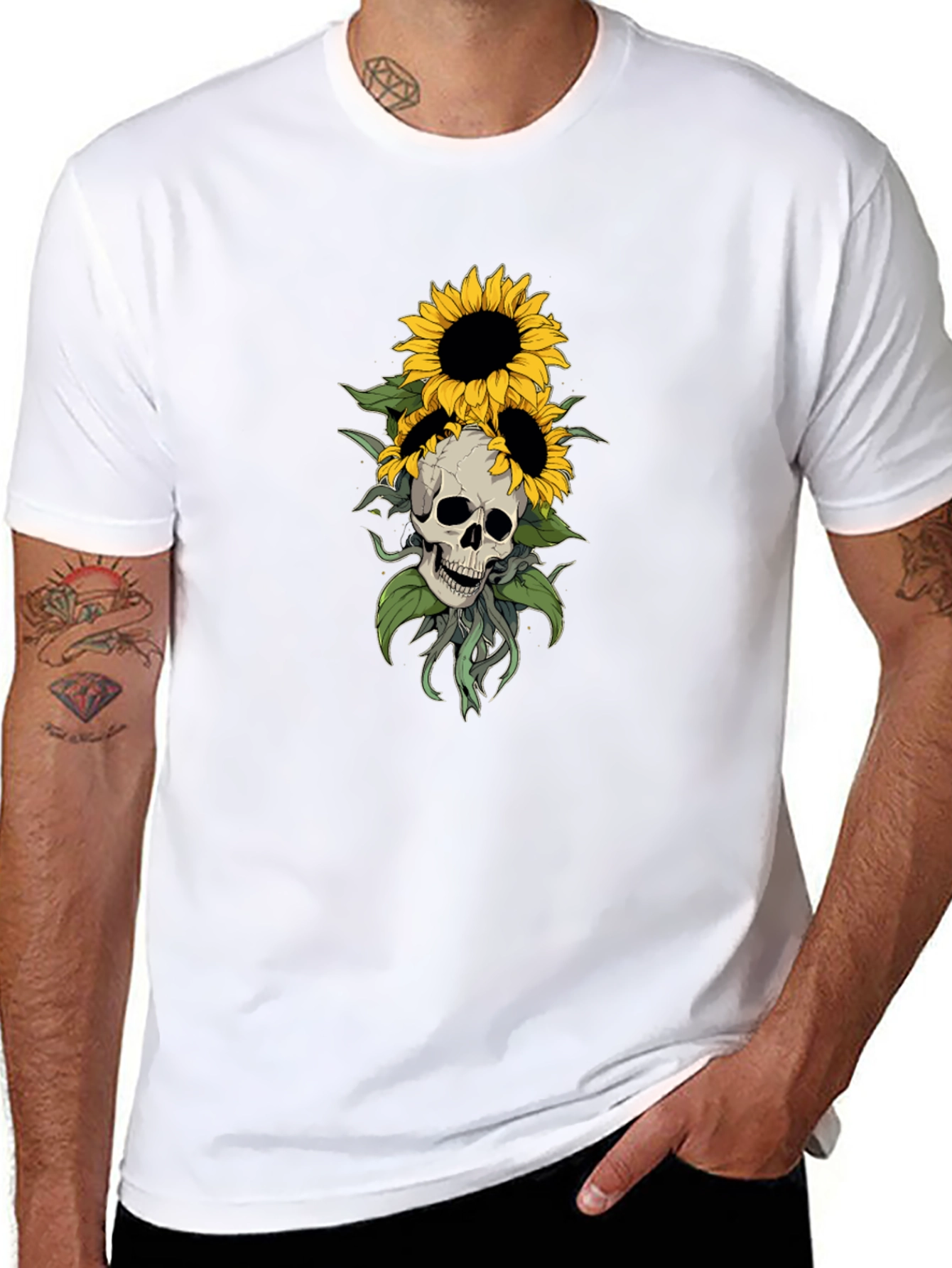 Black Skull & Sunflower Graphic Tee - Stylish Black T-Shirt view 8