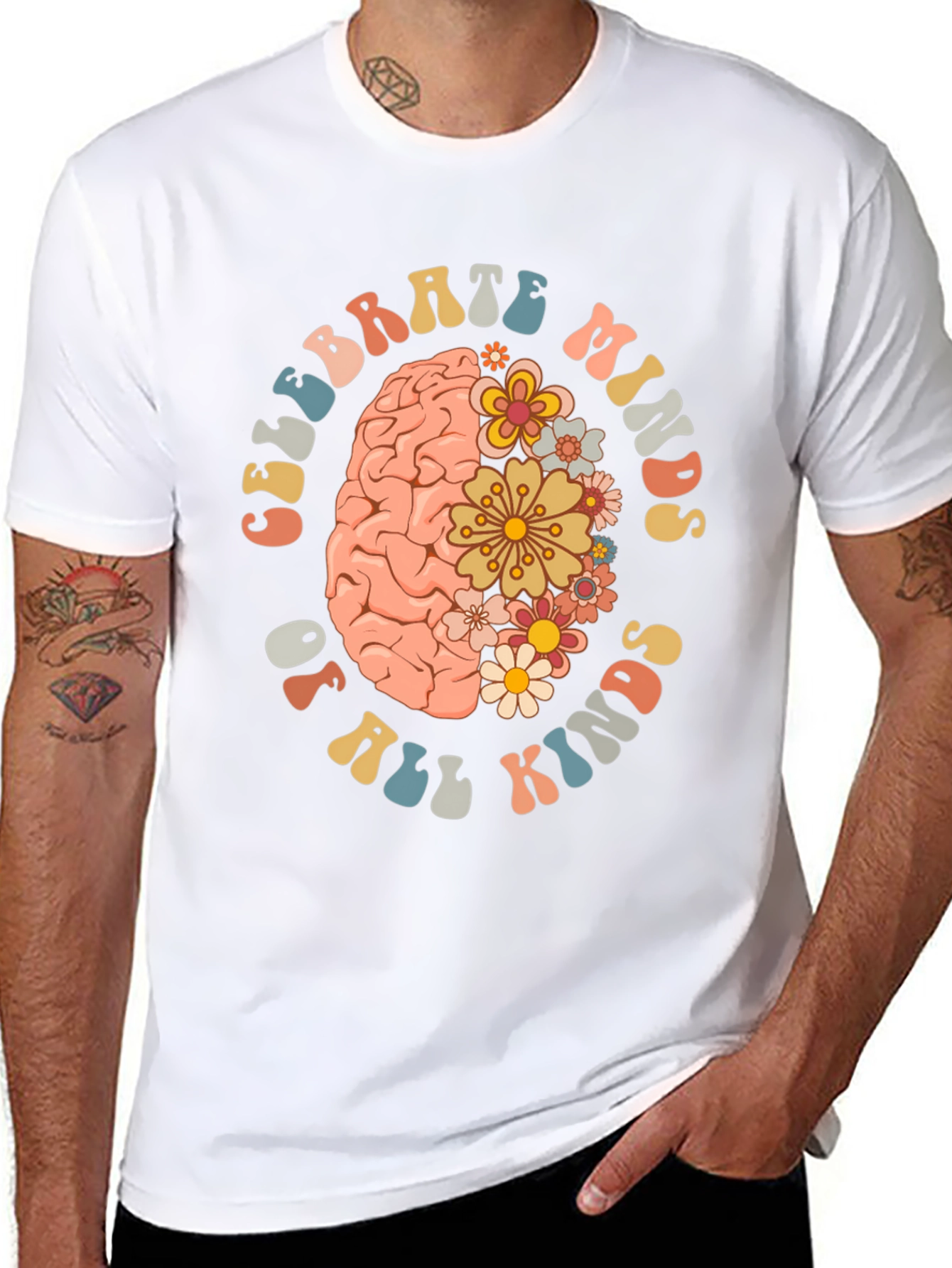 Black Celebrate Minds T-Shirt - Floral Brain Design view 8
