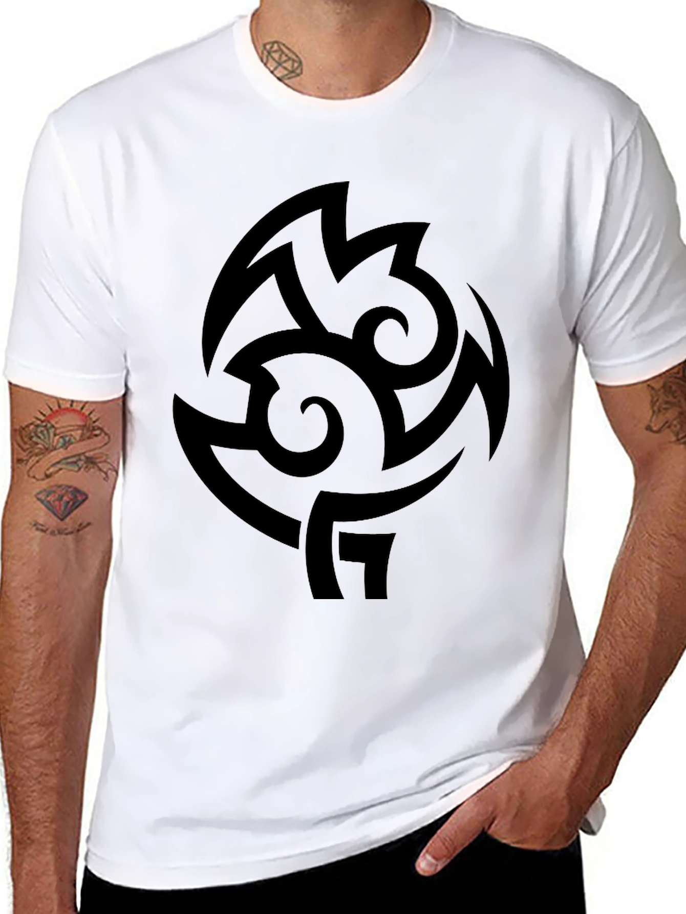 Black Men's Black Graphic Tee - Tribal Design Casual Top view 8
