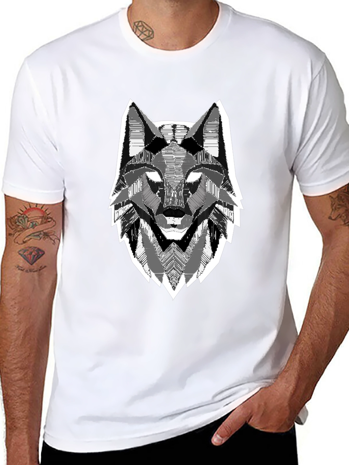 Black Geometric Wolf Head Graphic Print Black T-Shirt view 8