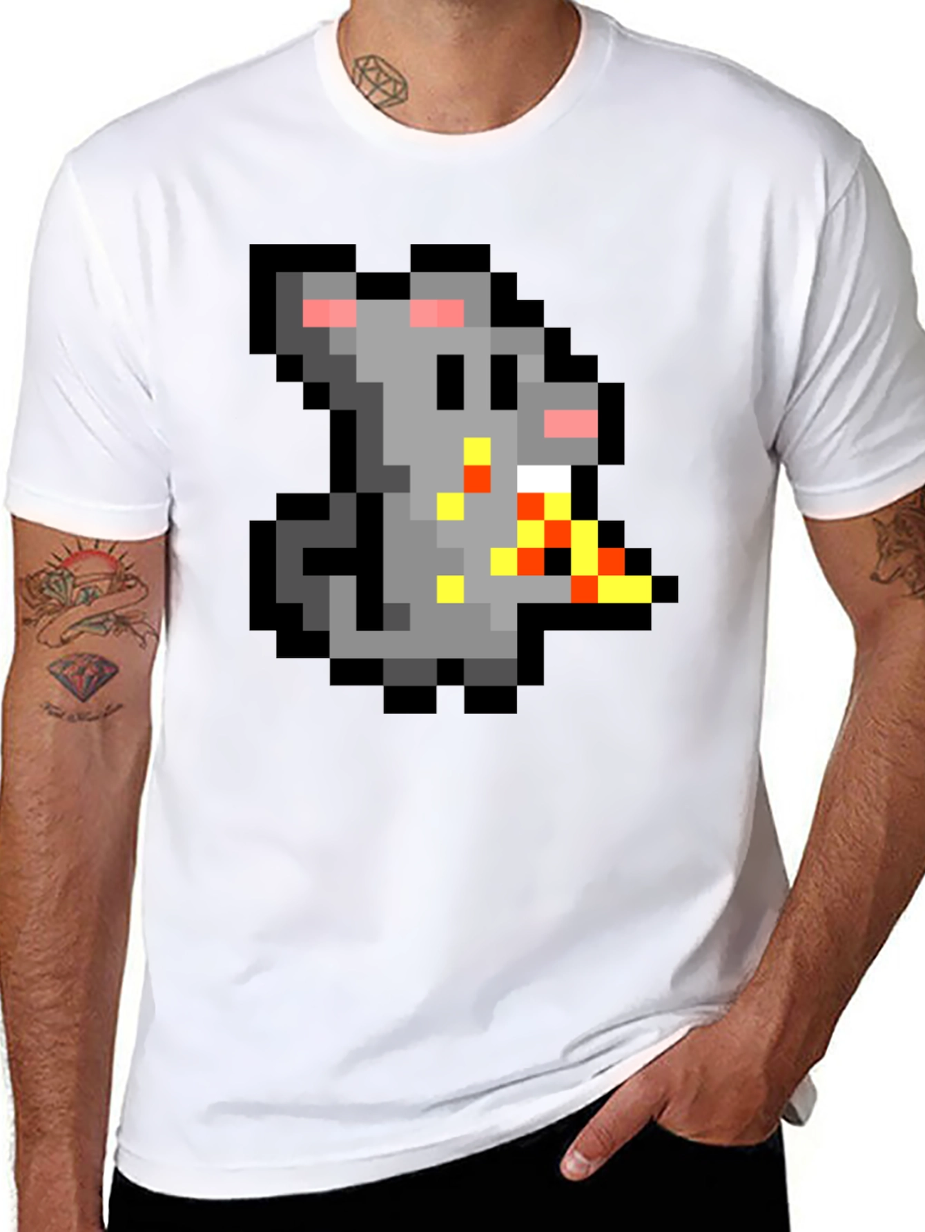 Black Pixel Rat Eating Pizza Graphic Tee view 8