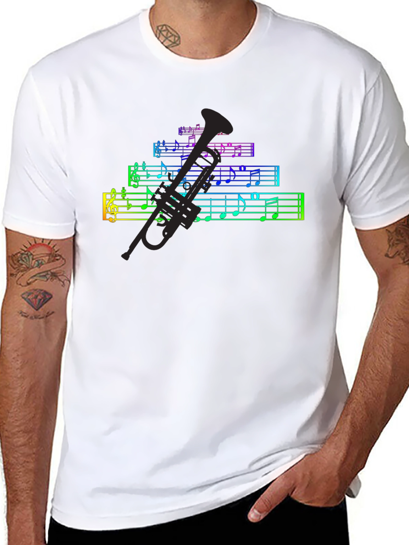 Black Rainbow Music Notes & Trumpet Black T-Shirt view 8