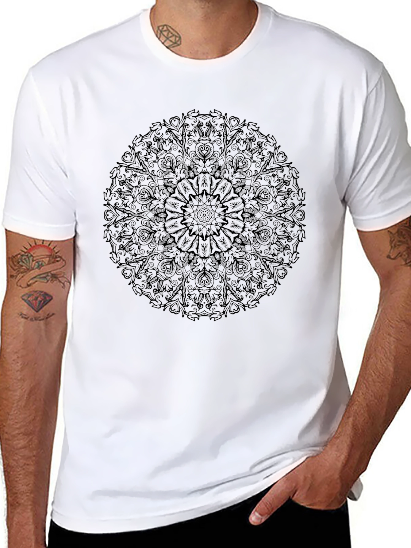 Black Men's Black Mandala Print Crew Neck T-Shirt view 8