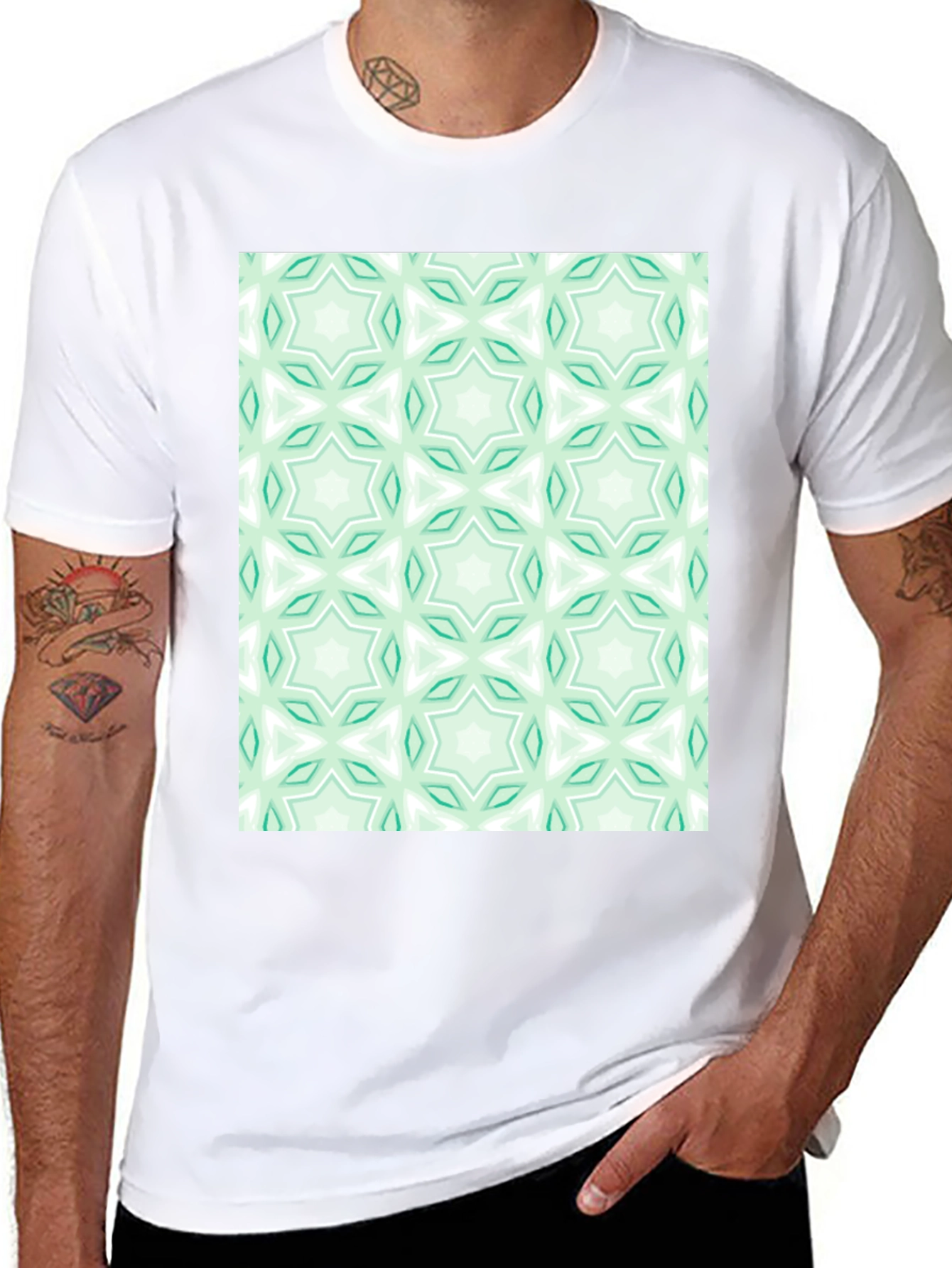 Black Kaleidoscope Pattern T-Shirt - Mint Green & White view 8