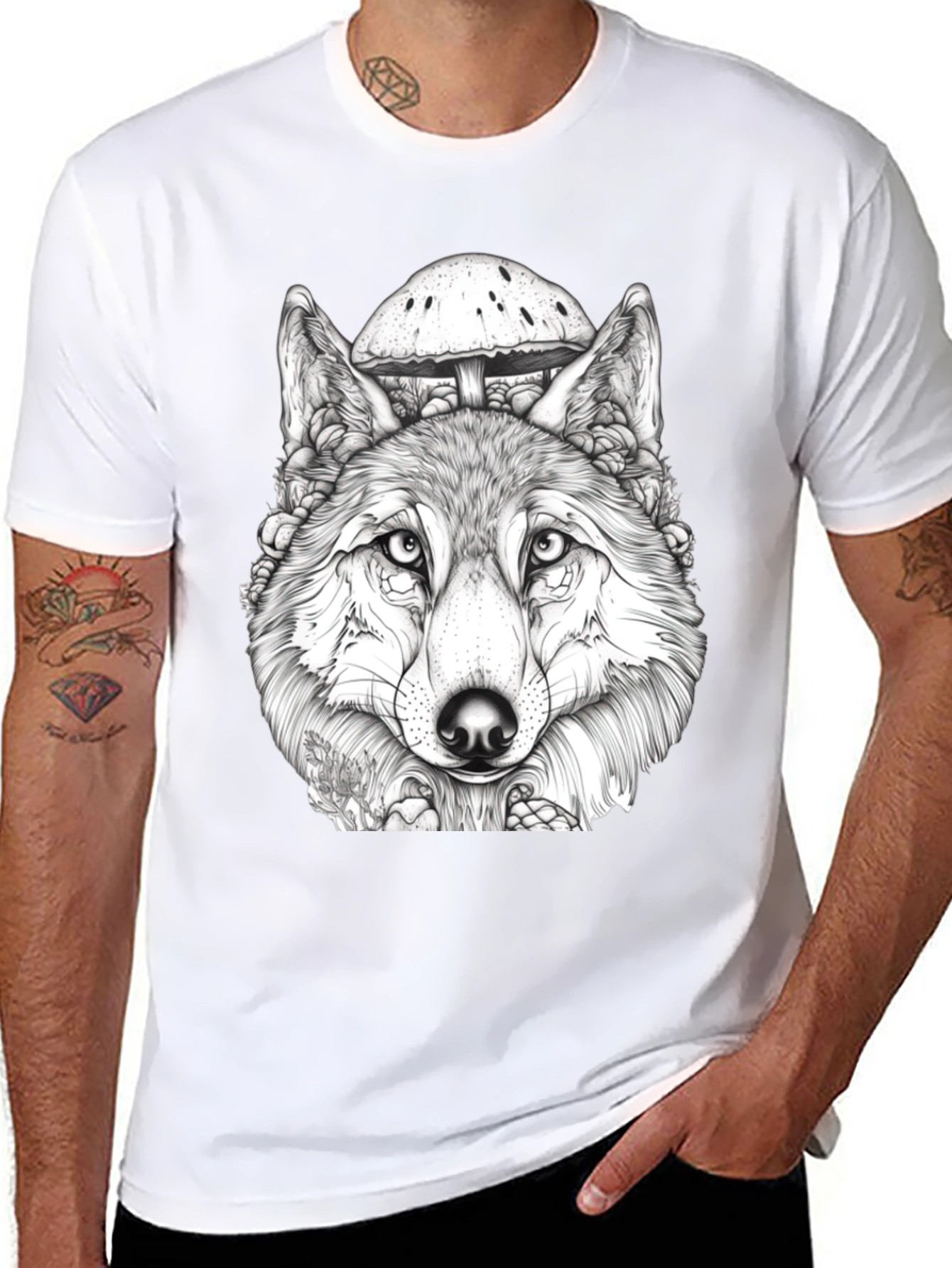 Black Wolf & Mushroom Graphic Tee - Unisex Black T-Shirt view 8
