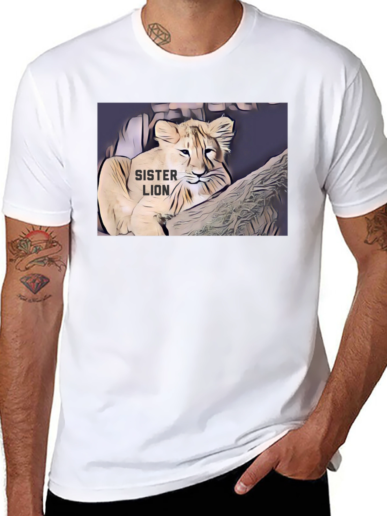 Black Sister Lion Graphic Tee - Black Cotton T-Shirt view 8