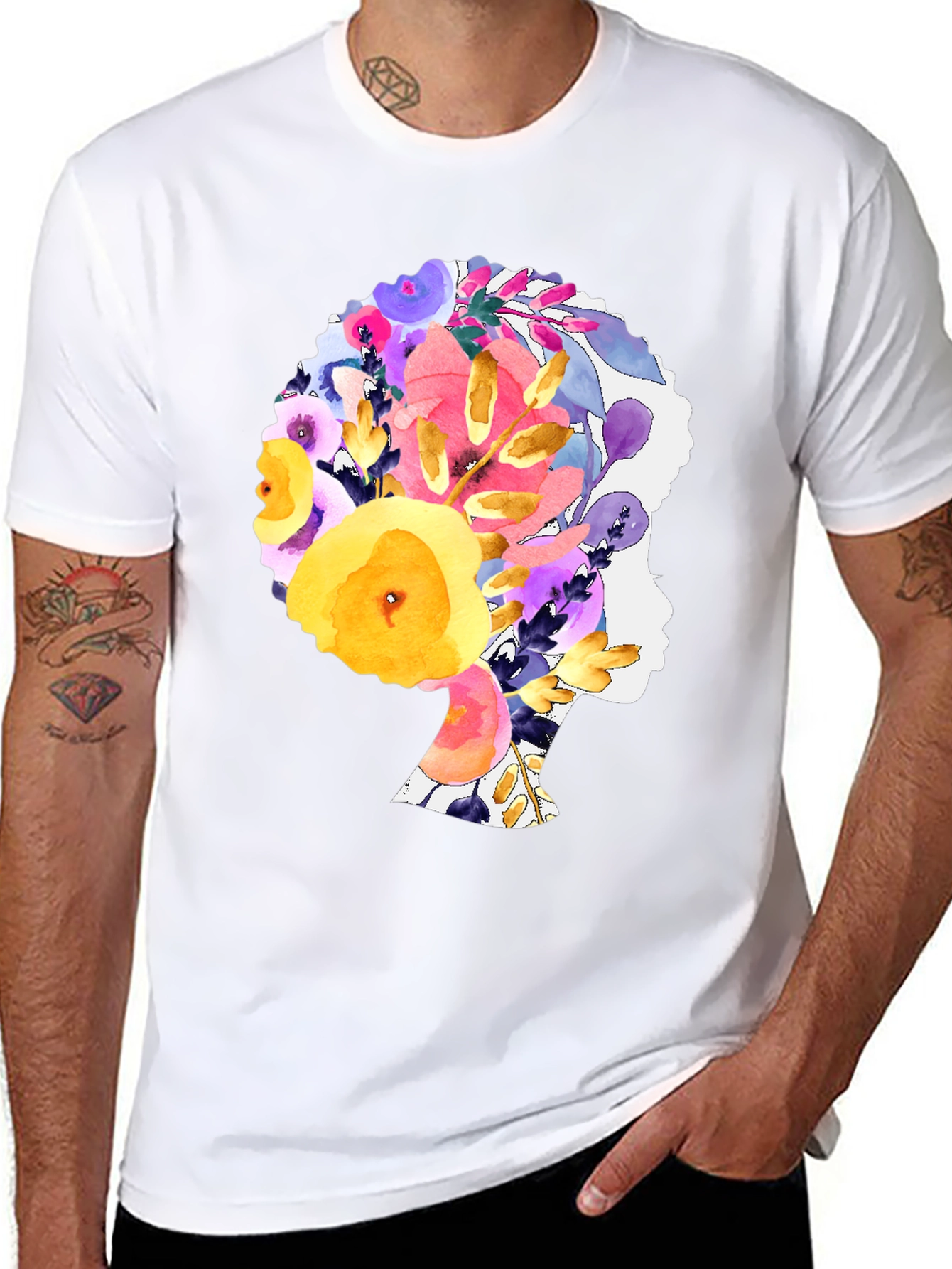 Black Floral Afro Woman Black T-Shirt view 8