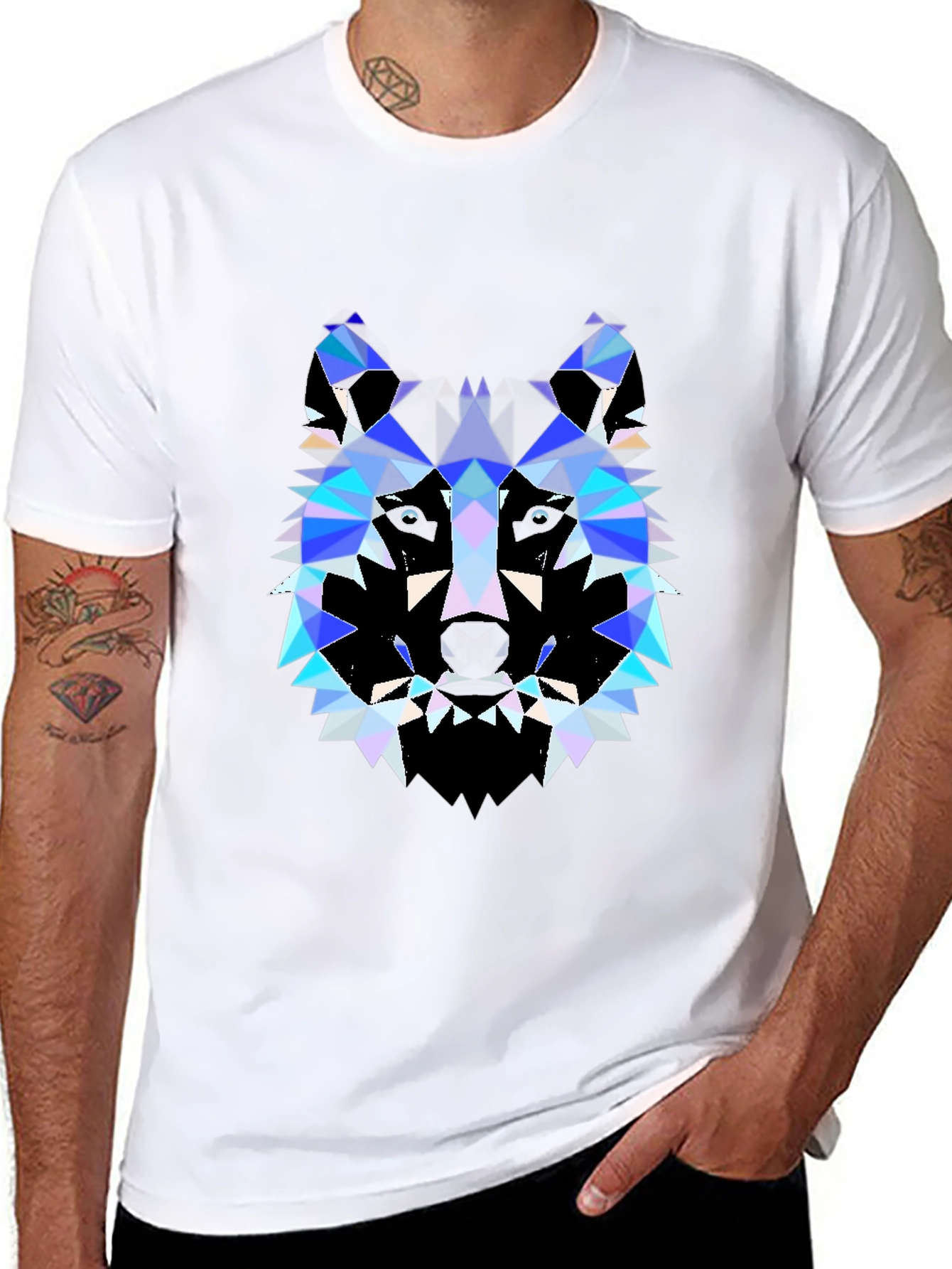 Black Geometric Wolf Print Black T-Shirt view 8