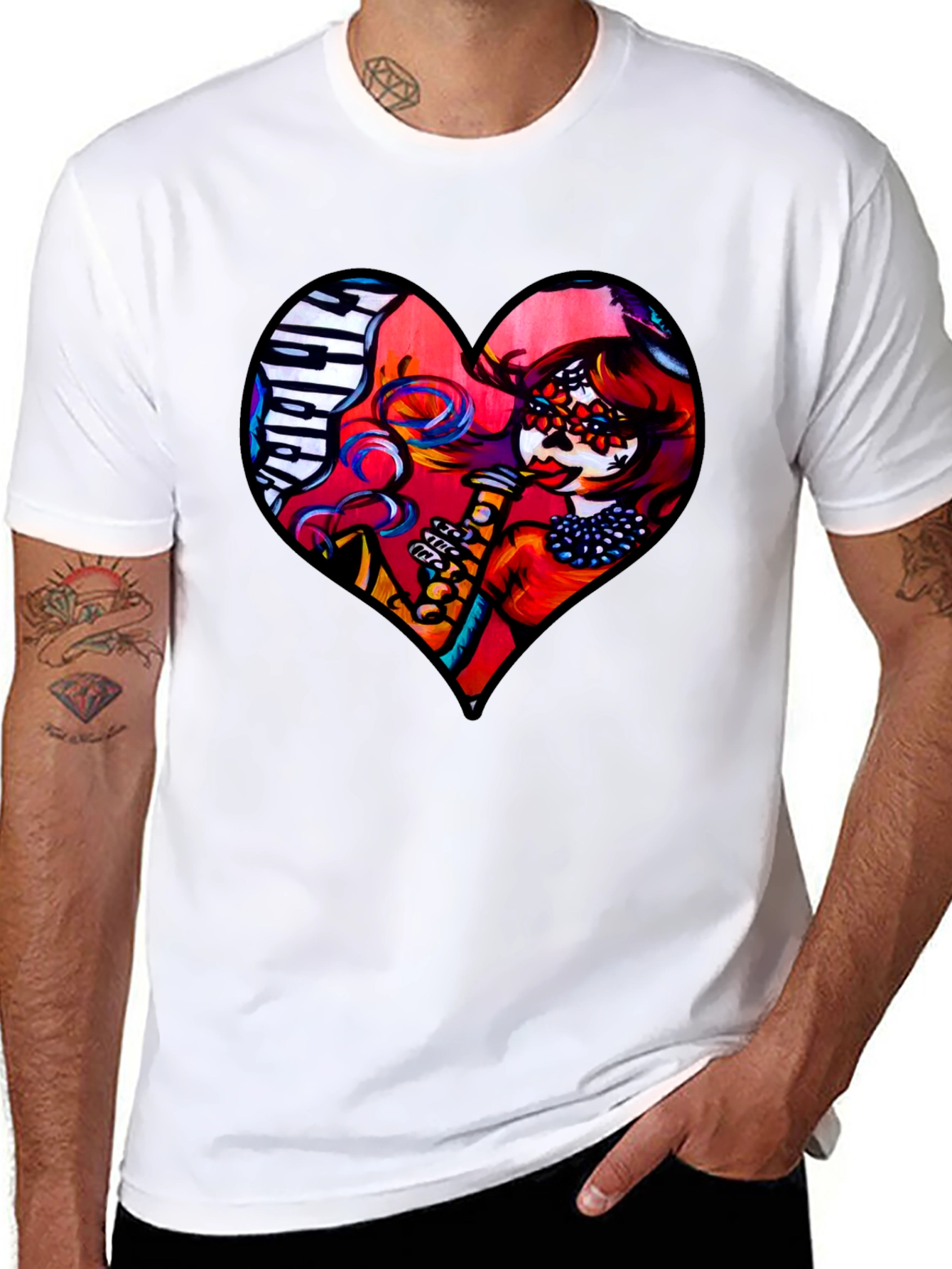 Black Heart Shaped Dia de Los Muertos T-Shirt view 8