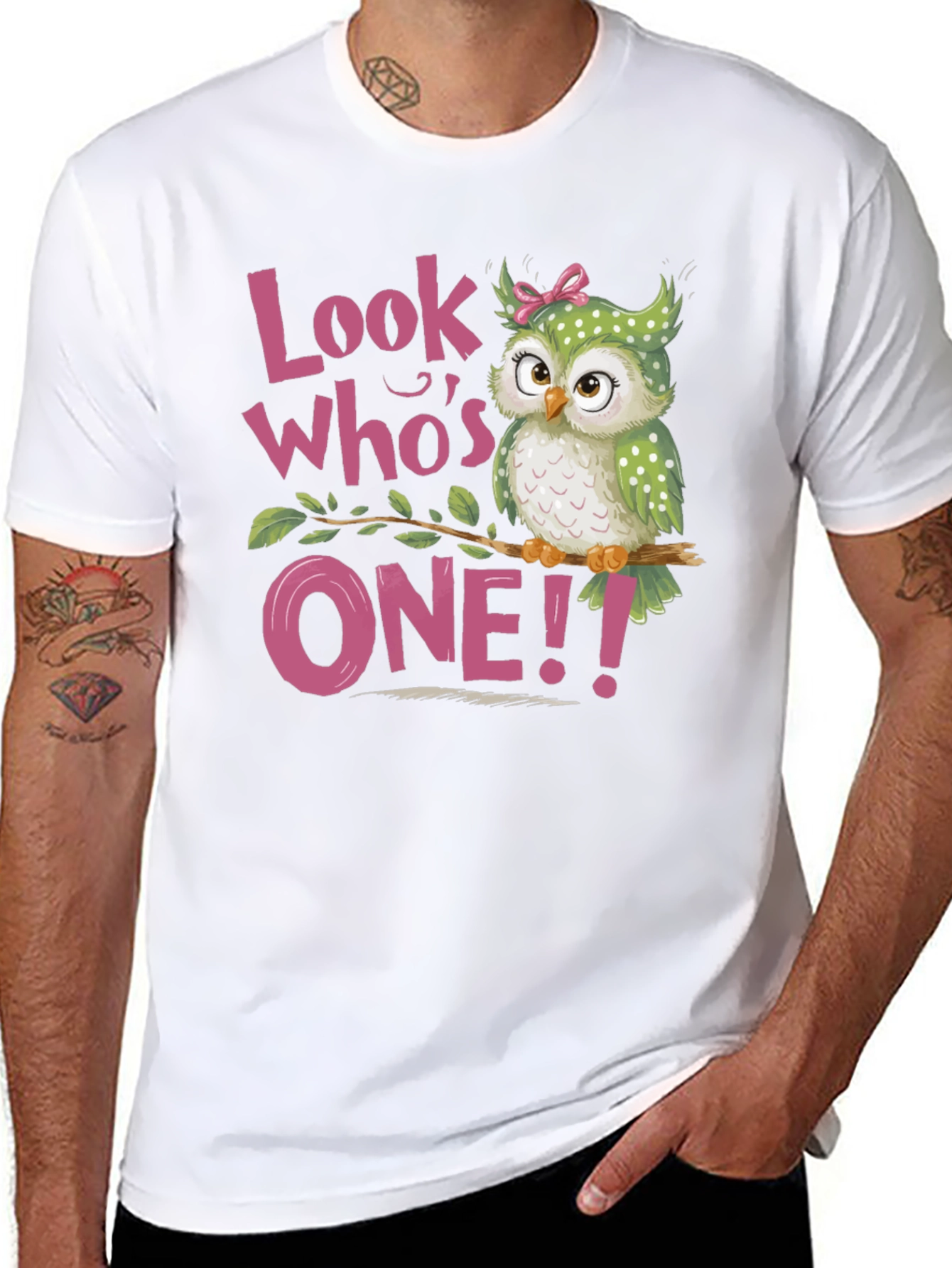 Black Look Who's One! Baby's 1st Birthday Owl T-Shirt view 8