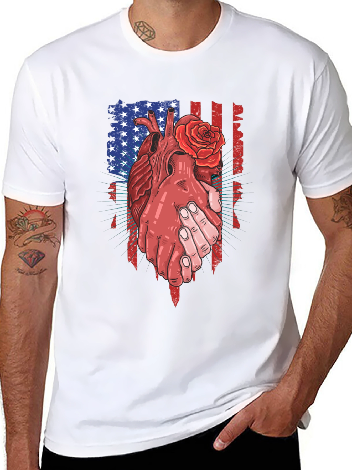 Black Patriotic Heart & Rose Graphic T-Shirt view 8