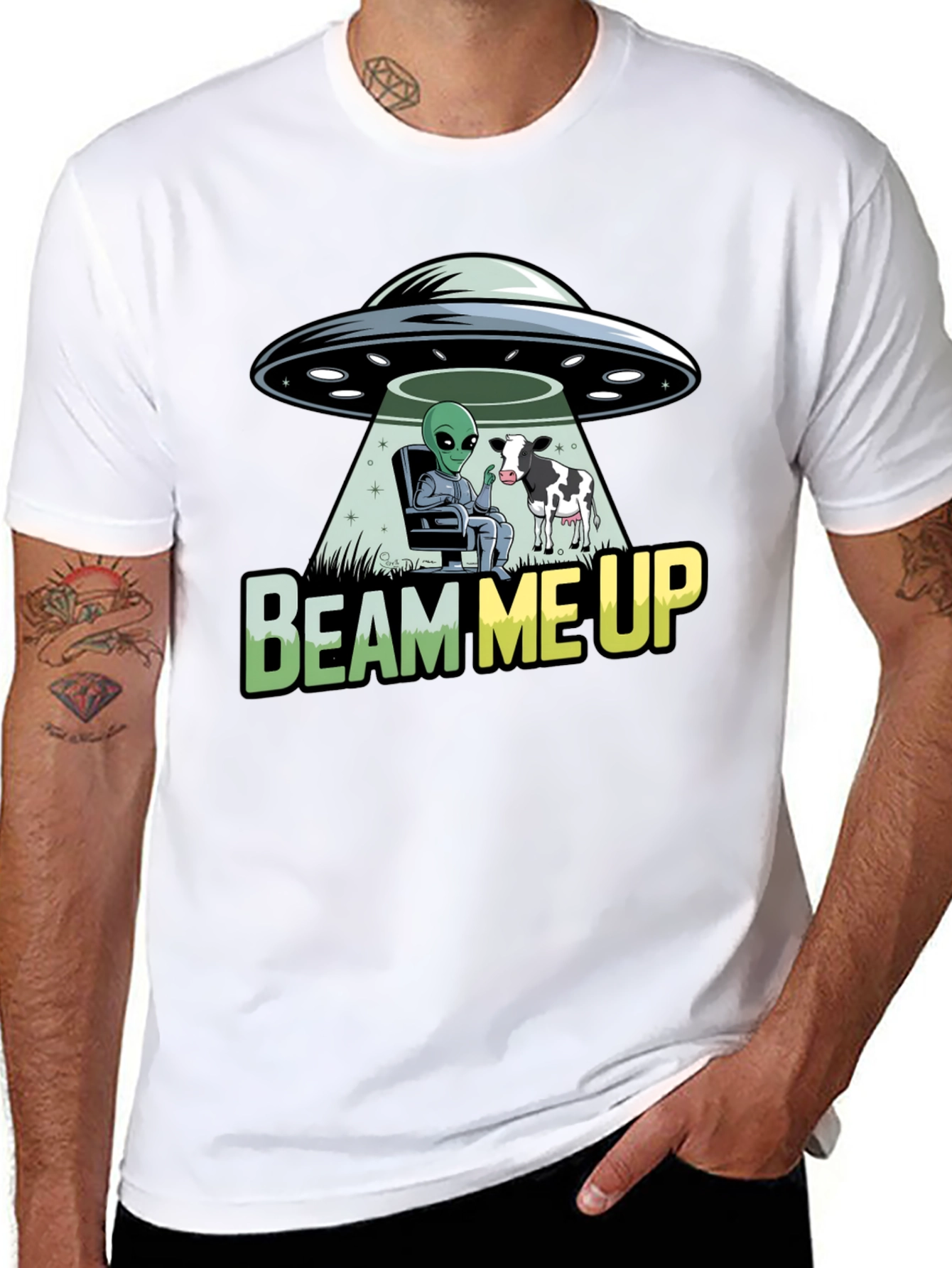 Black Beam Me Up Alien and Cow Graphic T-Shirt view 8