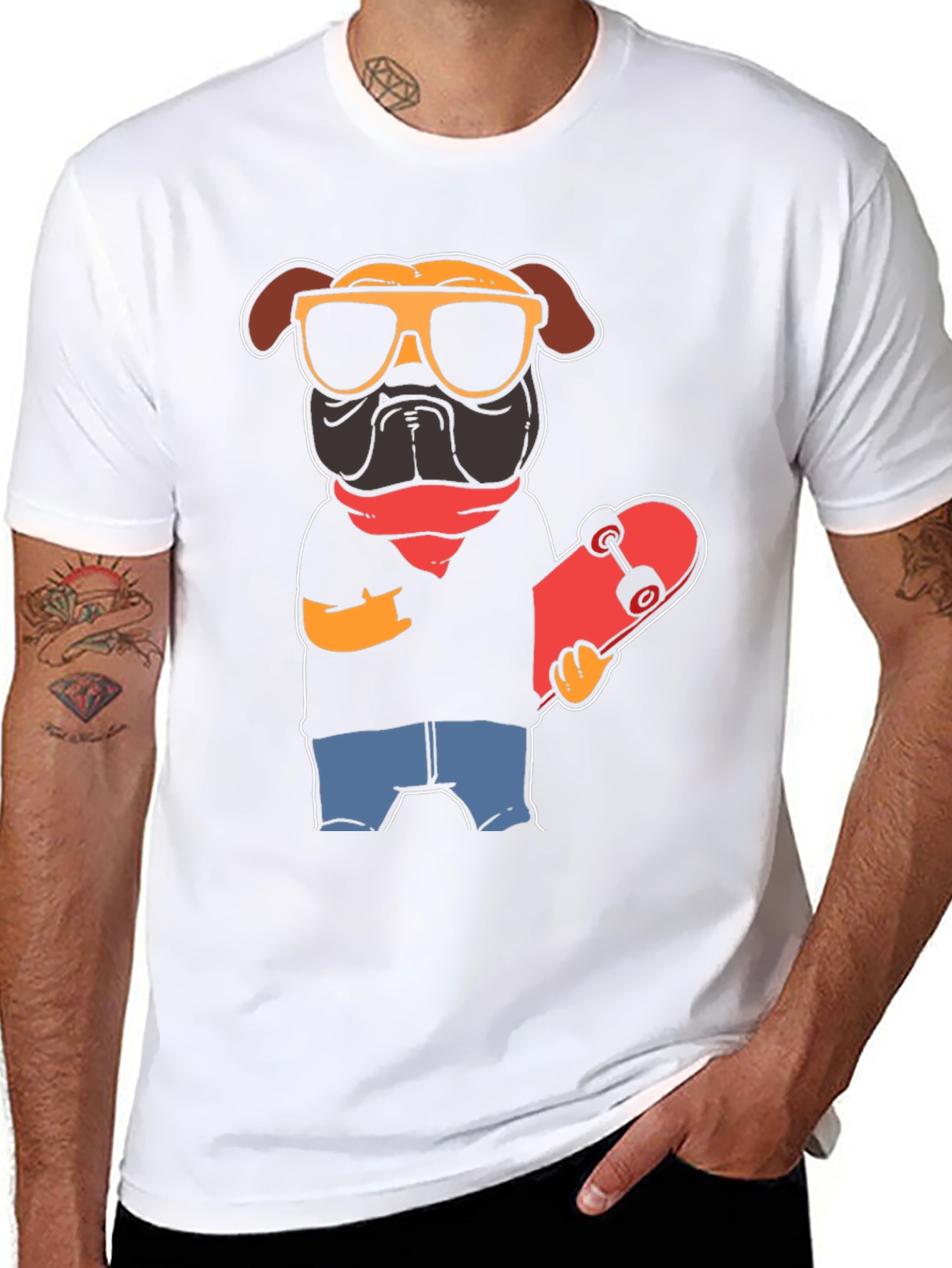 Black Cool Pug Skateboarder Graphic Tee view 8
