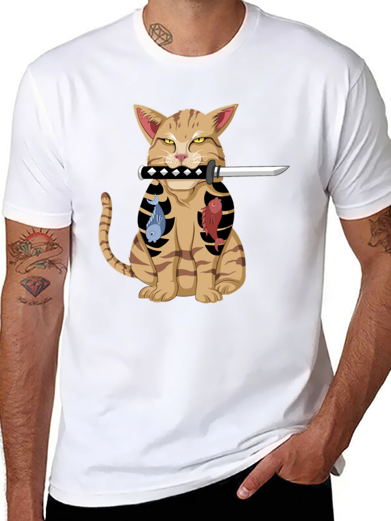 Black Cat Samurai T-Shirt - Funny Kitten with Sword Tee view 8