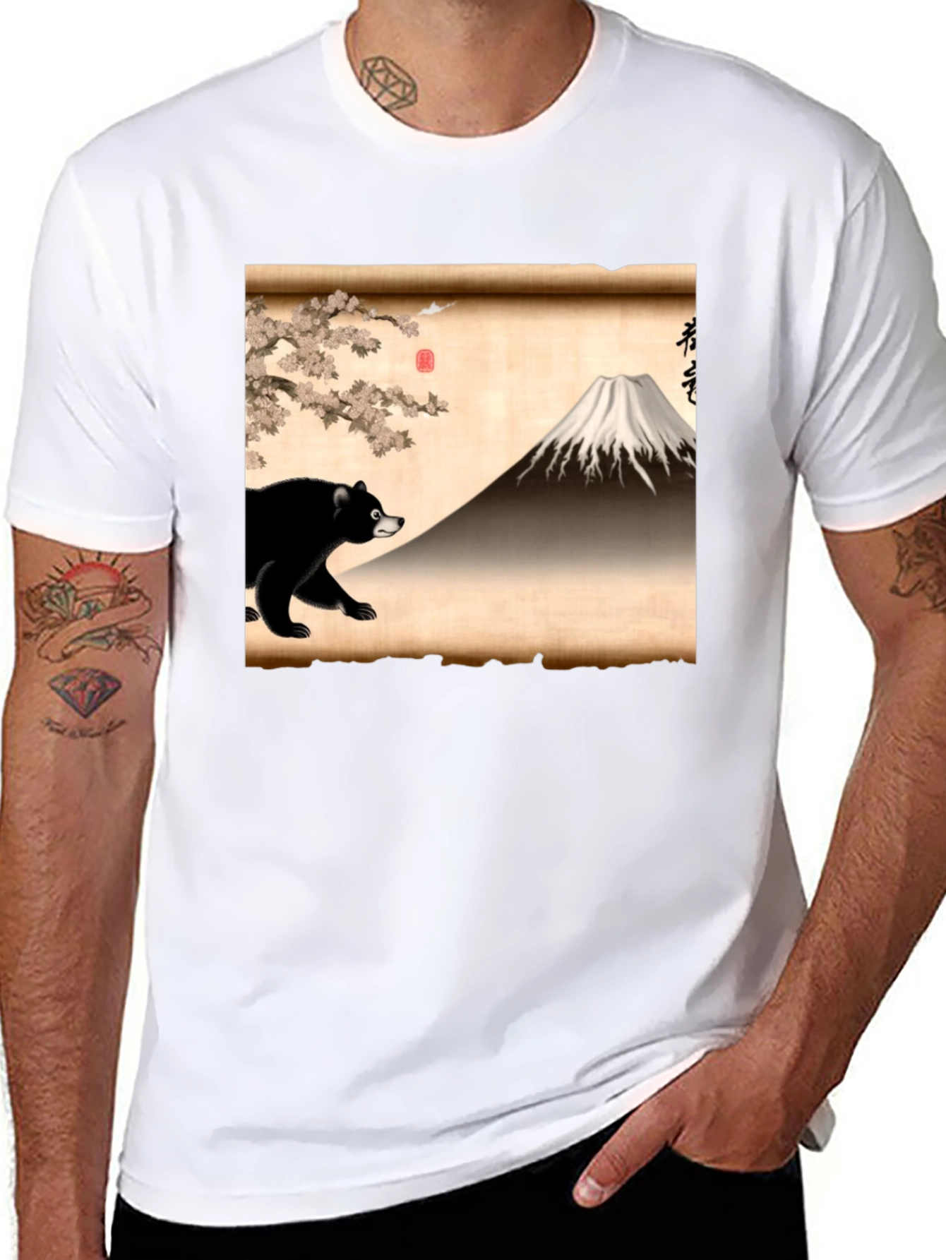 Black Bear & Mt. Fuji Graphic Tee - Japanese Art Shirt view 8