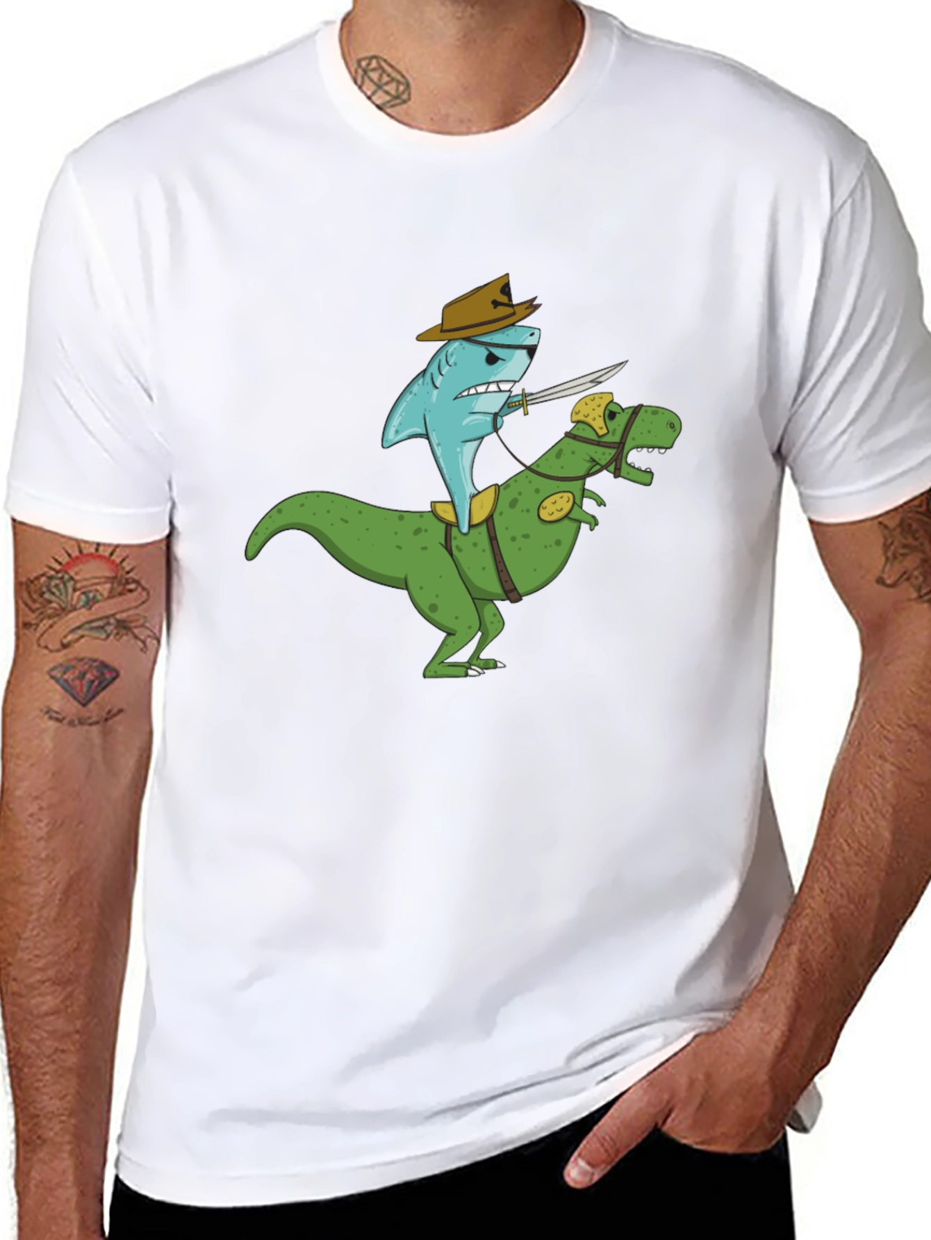 Black Shark Riding Dinosaur T-Shirt - Funny Graphic Tee view 8