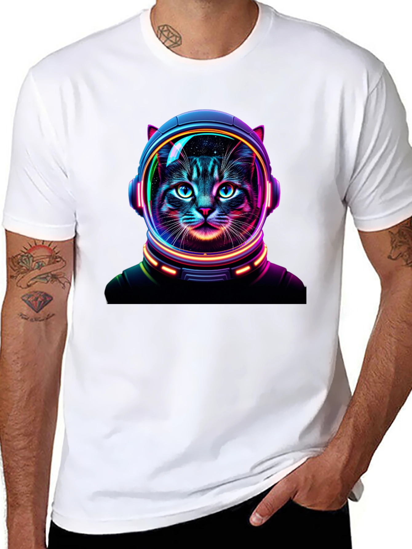 Black Cosmic Cat T-Shirt - Astronaut Feline Design view 8
