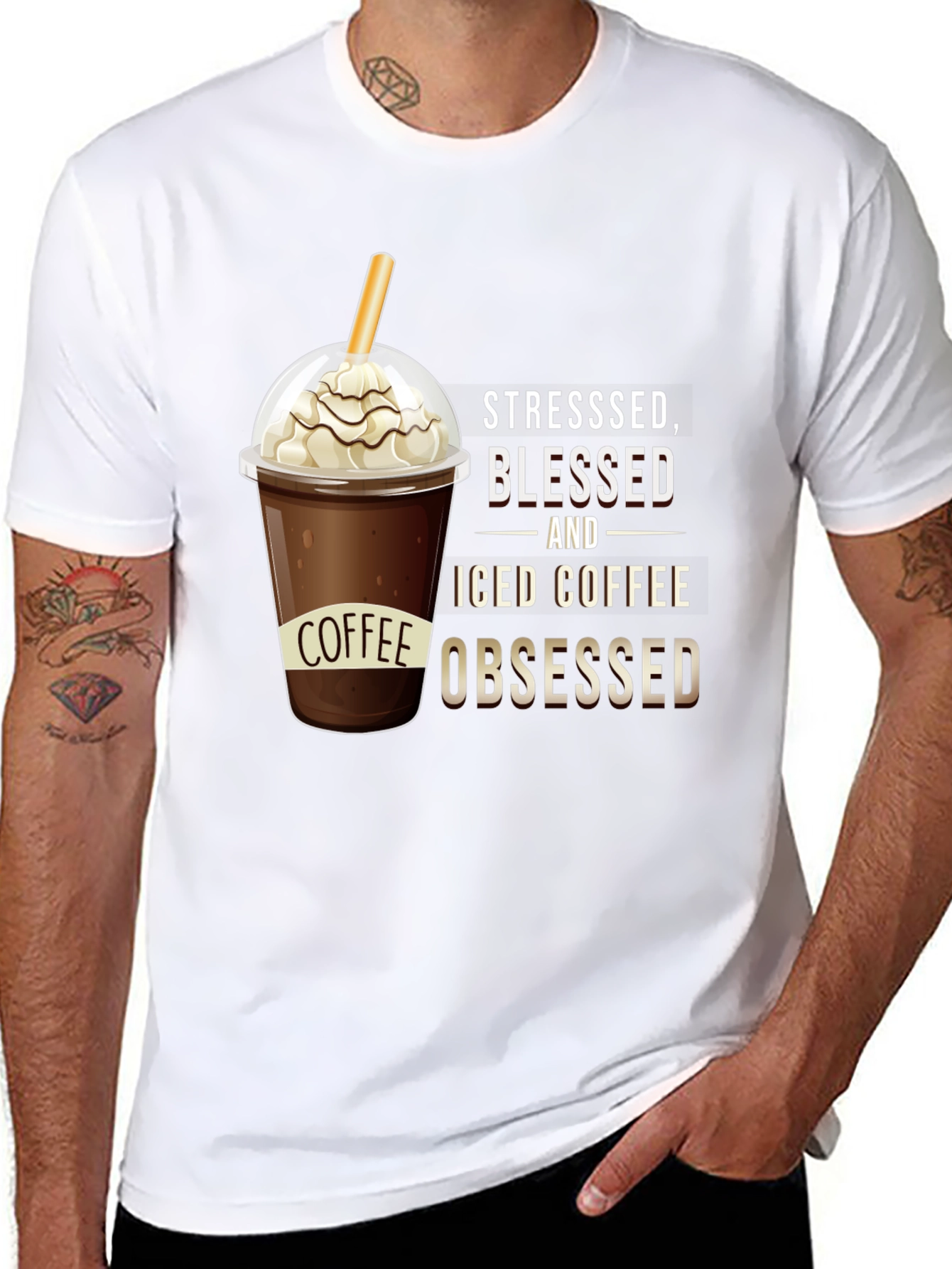 Black Stressed, Blessed, and Iced Coffee Obsessed T-Shirt view 8