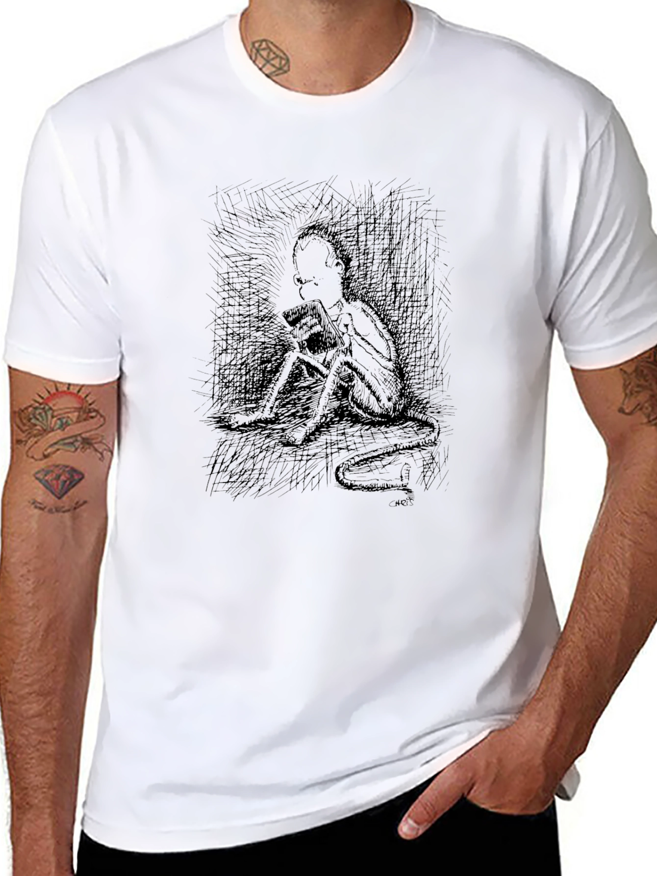 Black Eerie Sketch Print Black T-Shirt view 8
