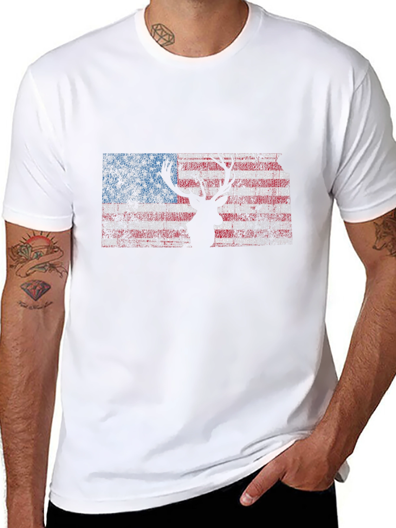 Black American Flag Deer Silhouette Graphic Tee - Patriotic Style view 8