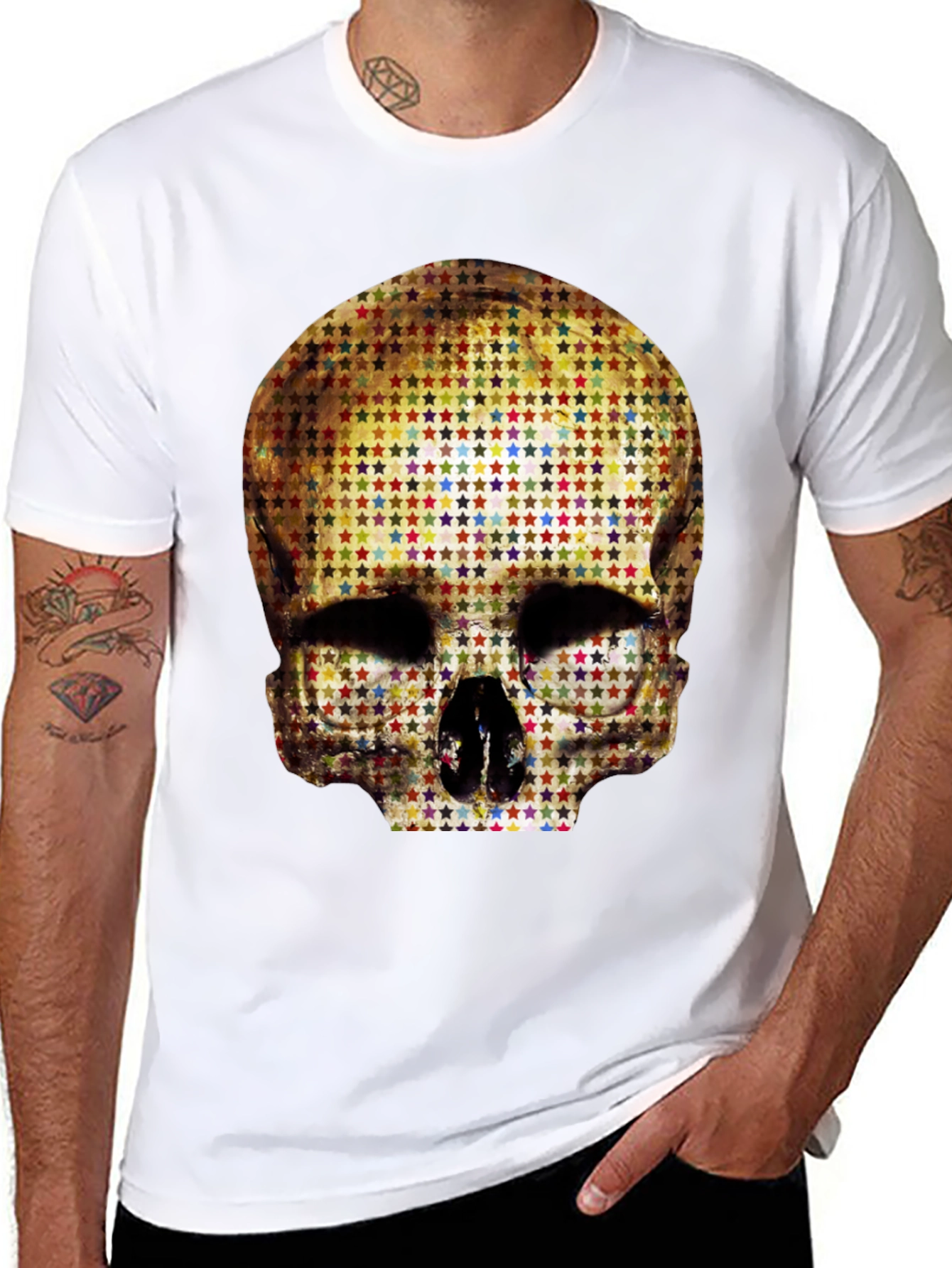 Black Skull Star Pattern Graphic Tee - Black view 8
