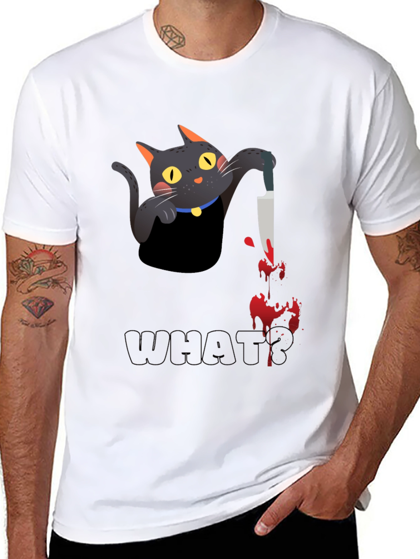 Black Cat With Knife Black T-Shirt - What? view 8