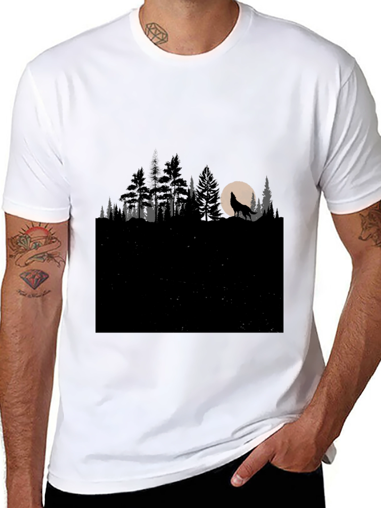 Black Wolf Howling at Moon in Forest T-Shirt view 8