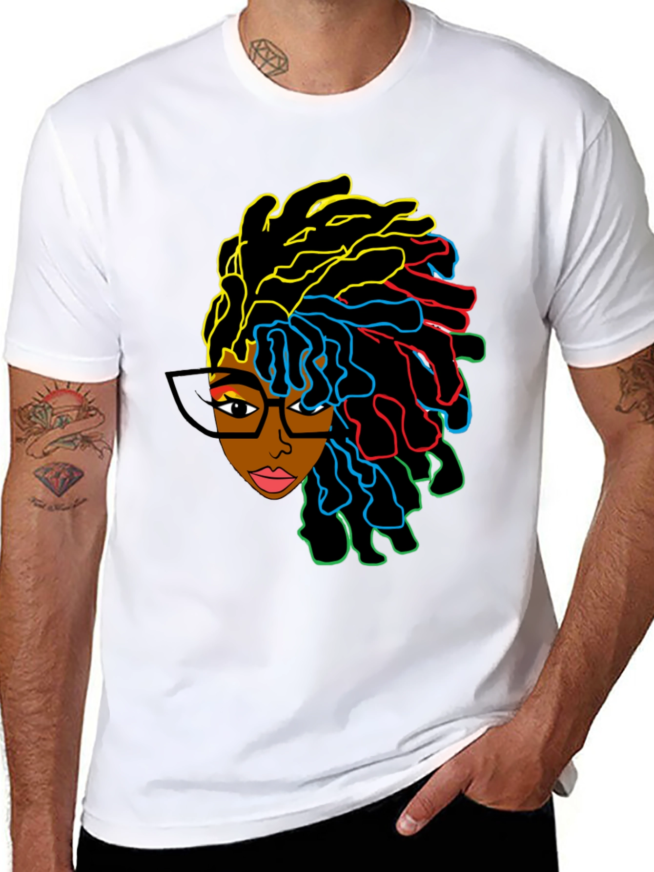 Black Stylish Graphic Tee - Afro Woman with Colorful Dreadlocks view 8