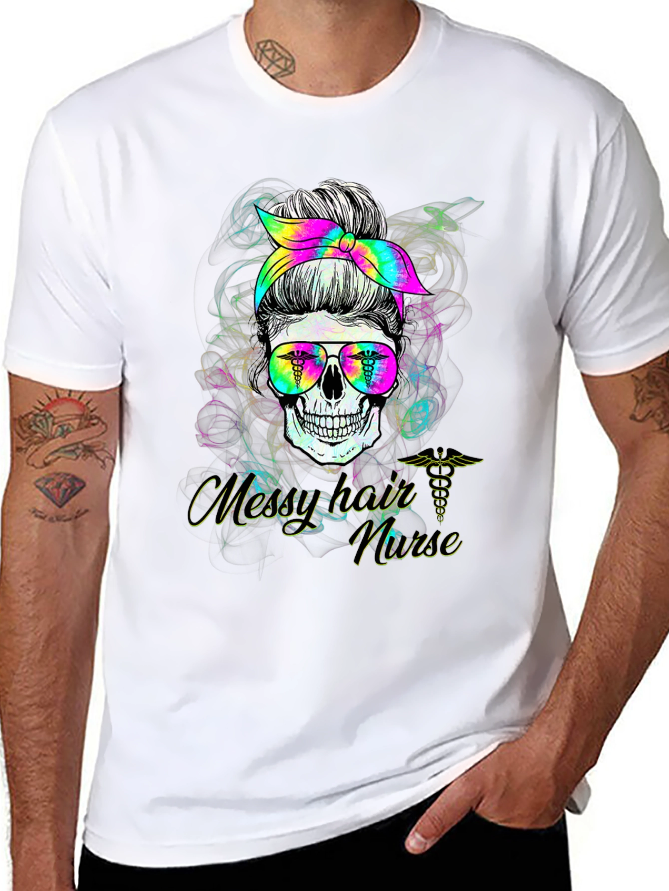 Black Messy Hair Nurse Skull T-Shirt view 8