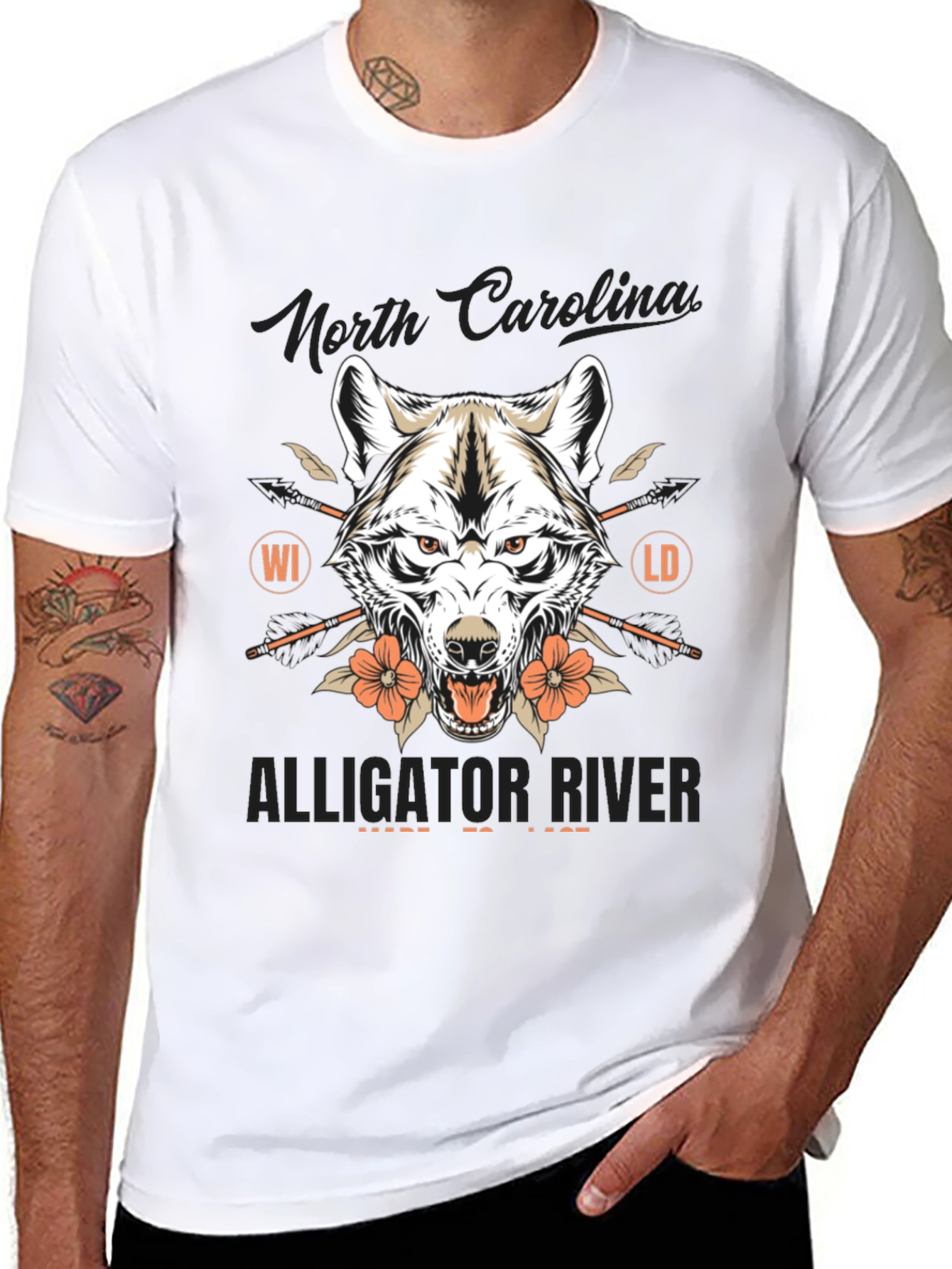 Black North Carolina Alligator River Wolf Graphic Tee view 8