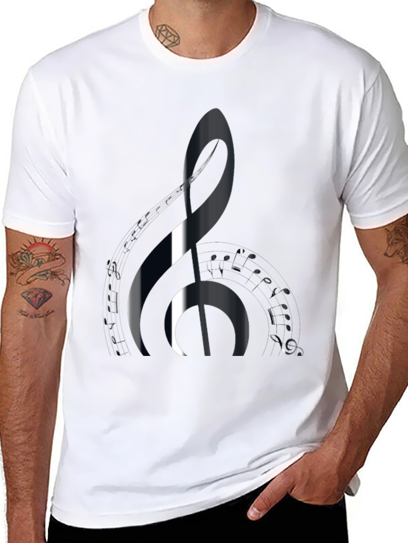 Black Music Lover's Black T-Shirt with Treble Clef Design view 8