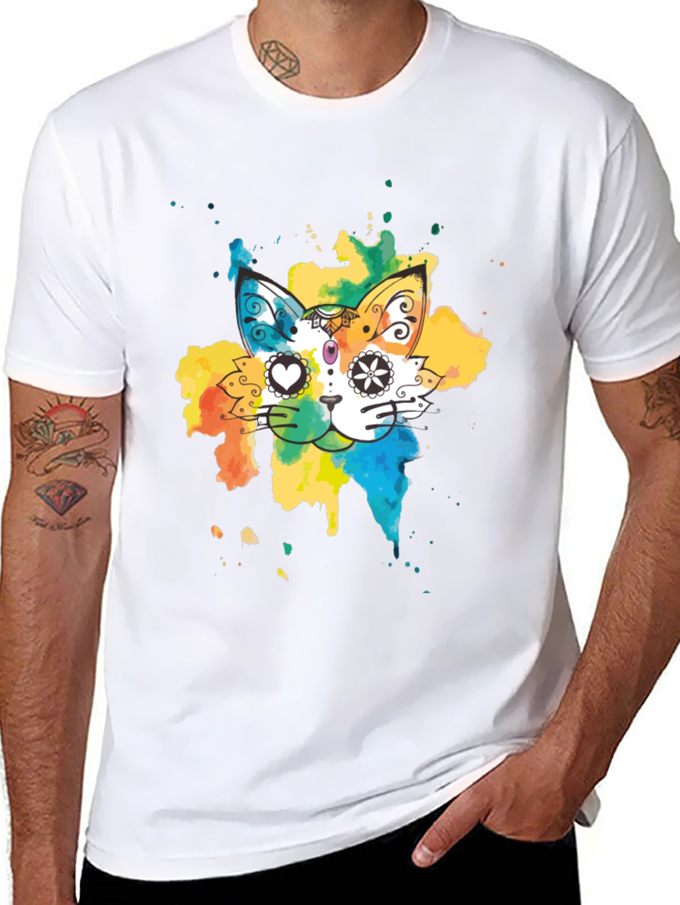 Black Colorful Cat T-Shirt - Whimsical Design Tee view 8