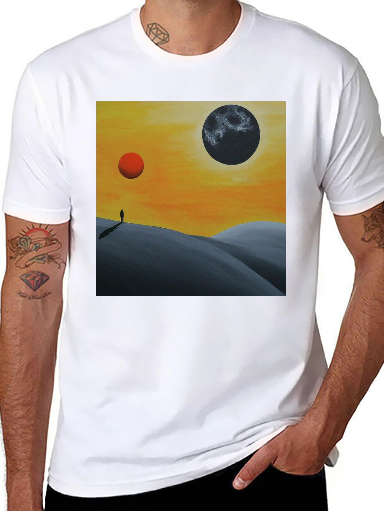 Black Surreal Planetary Landscape T-Shirt view 8