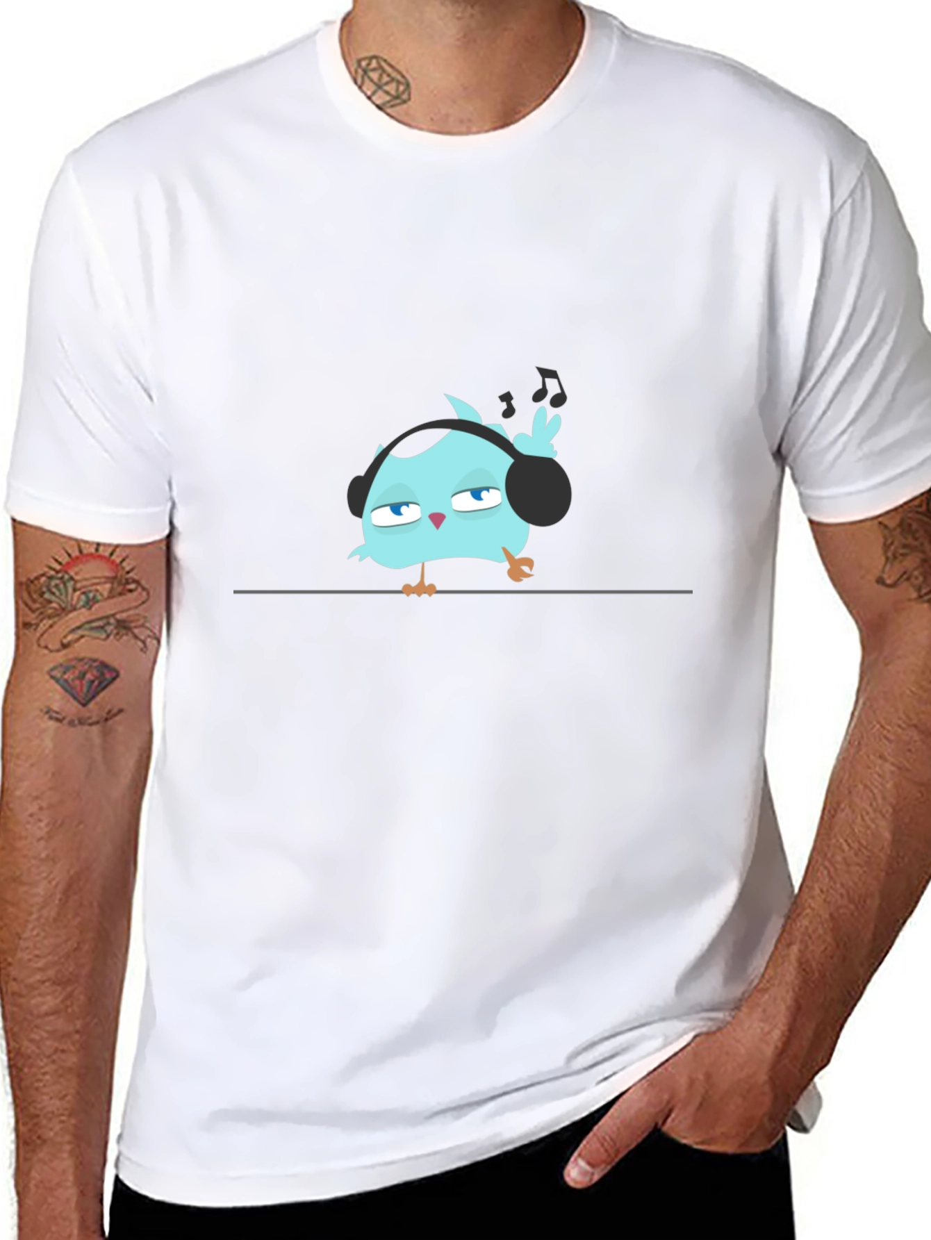 Black Cool Bird in Headphones Black T-Shirt view 8