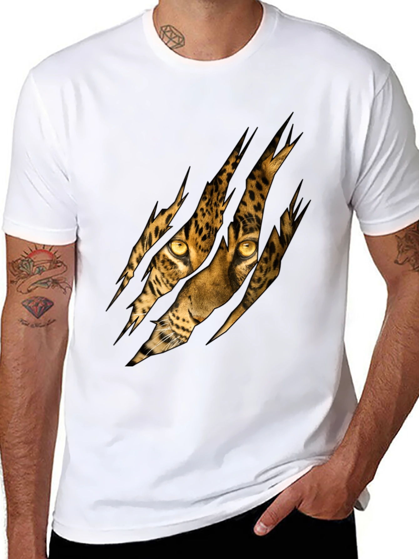 Black Men's Black T-Shirt with Ripped Leopard Design view 8