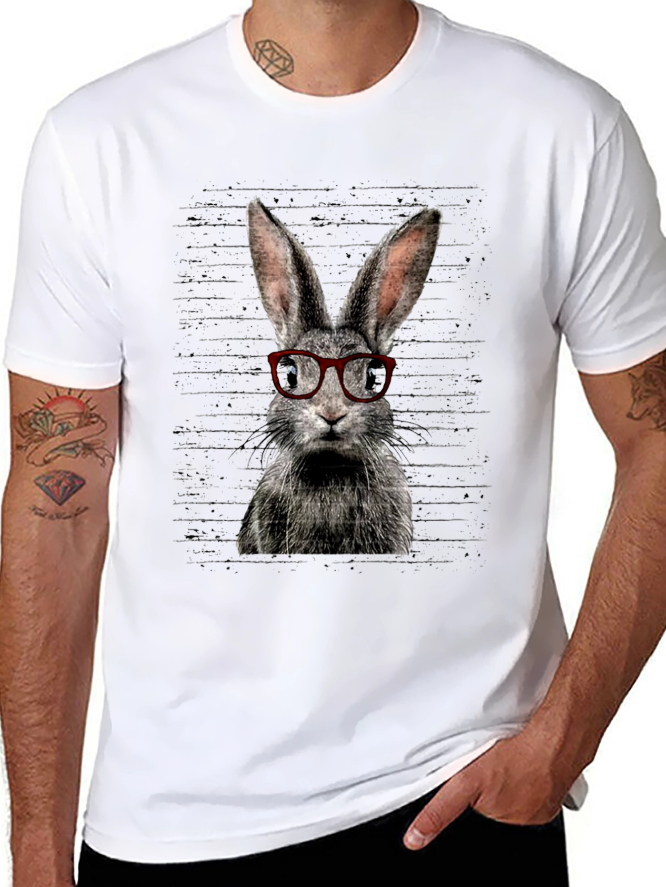 Black Hipster Rabbit Graphic Tee - Unisex Black T-Shirt view 8