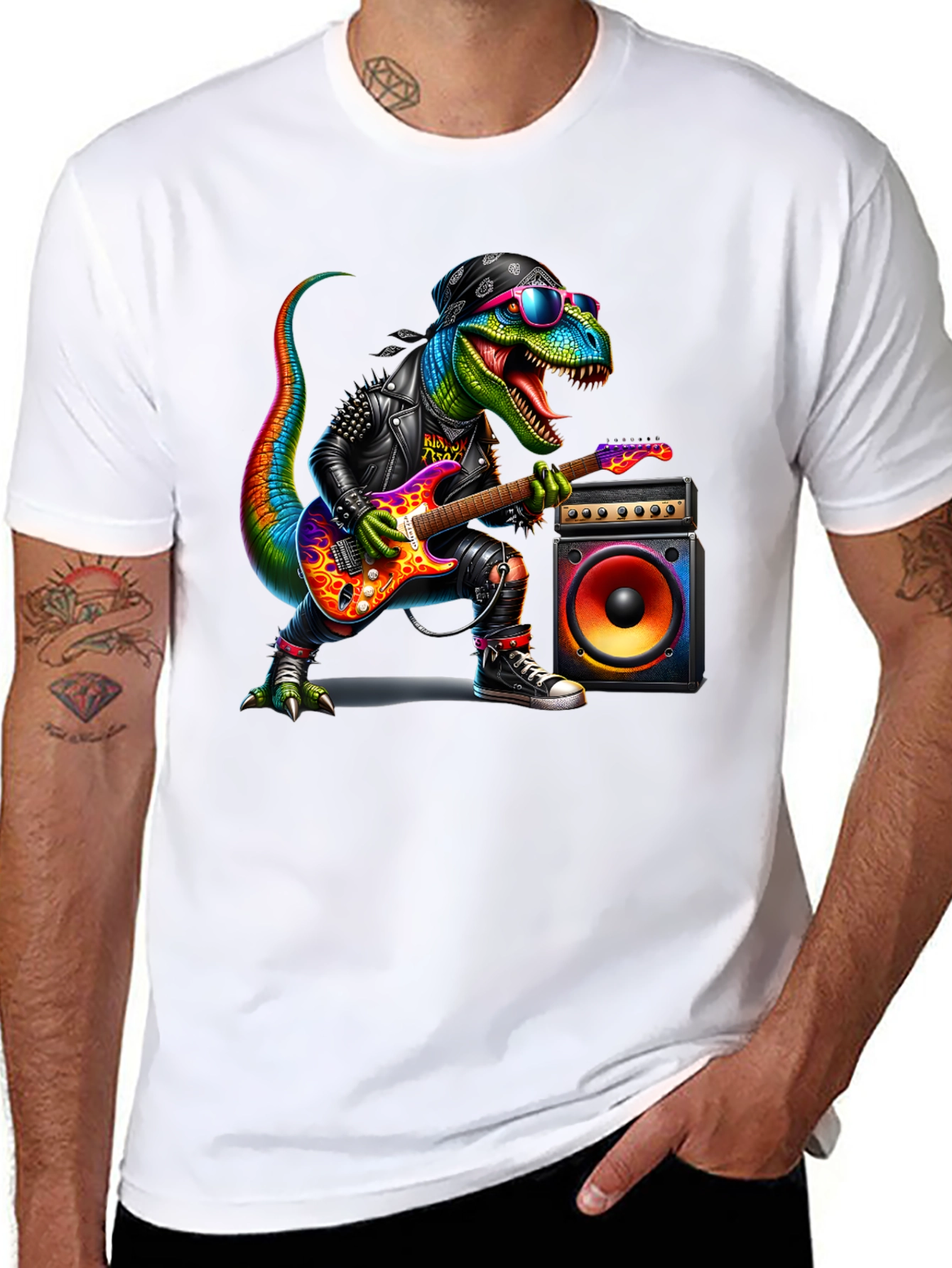 Black Rockin' Rex T-Shirt - Dinosaur Guitarist view 8