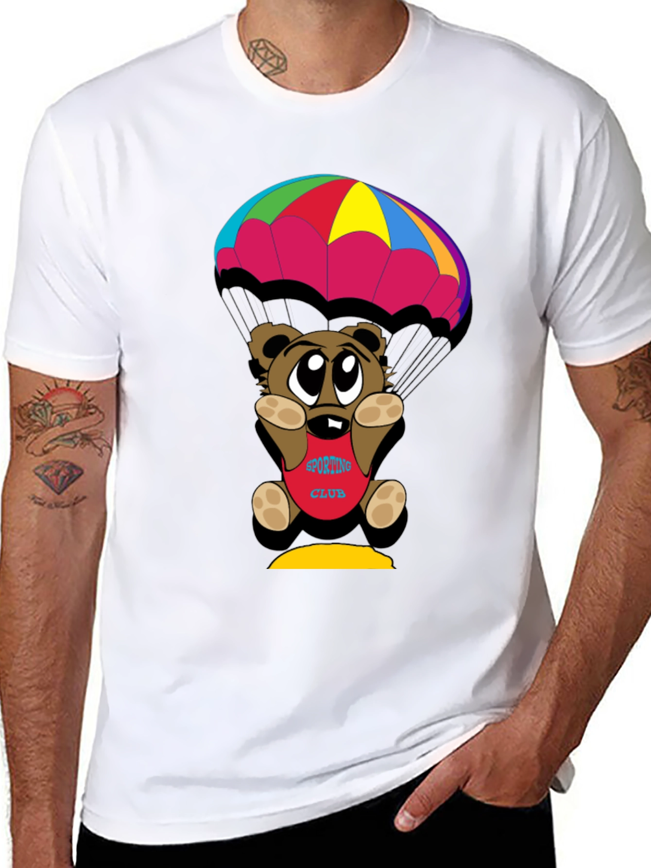Black Cartoon Bear Parachute Black T-Shirt view 8