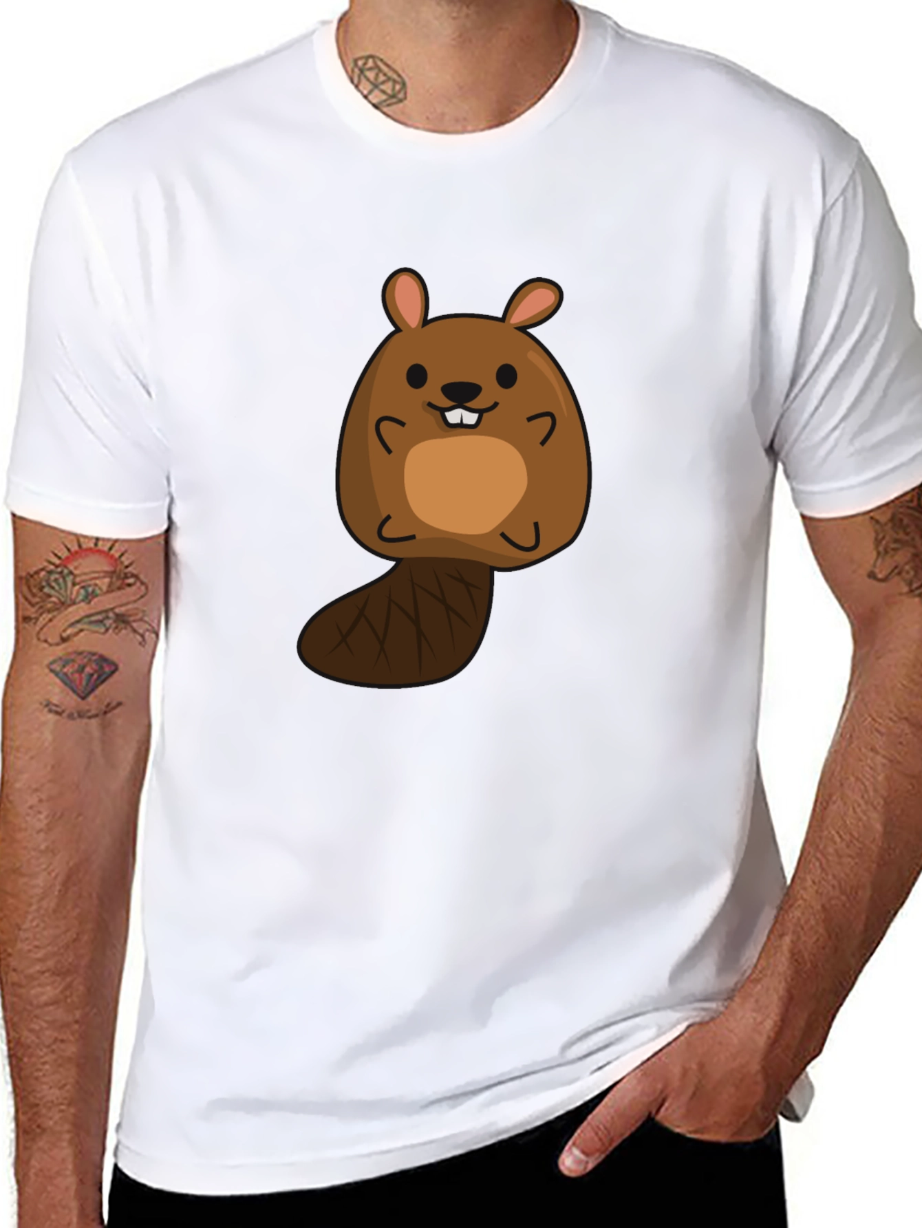 Black Cute Beaver Cartoon Black T-Shirt view 8