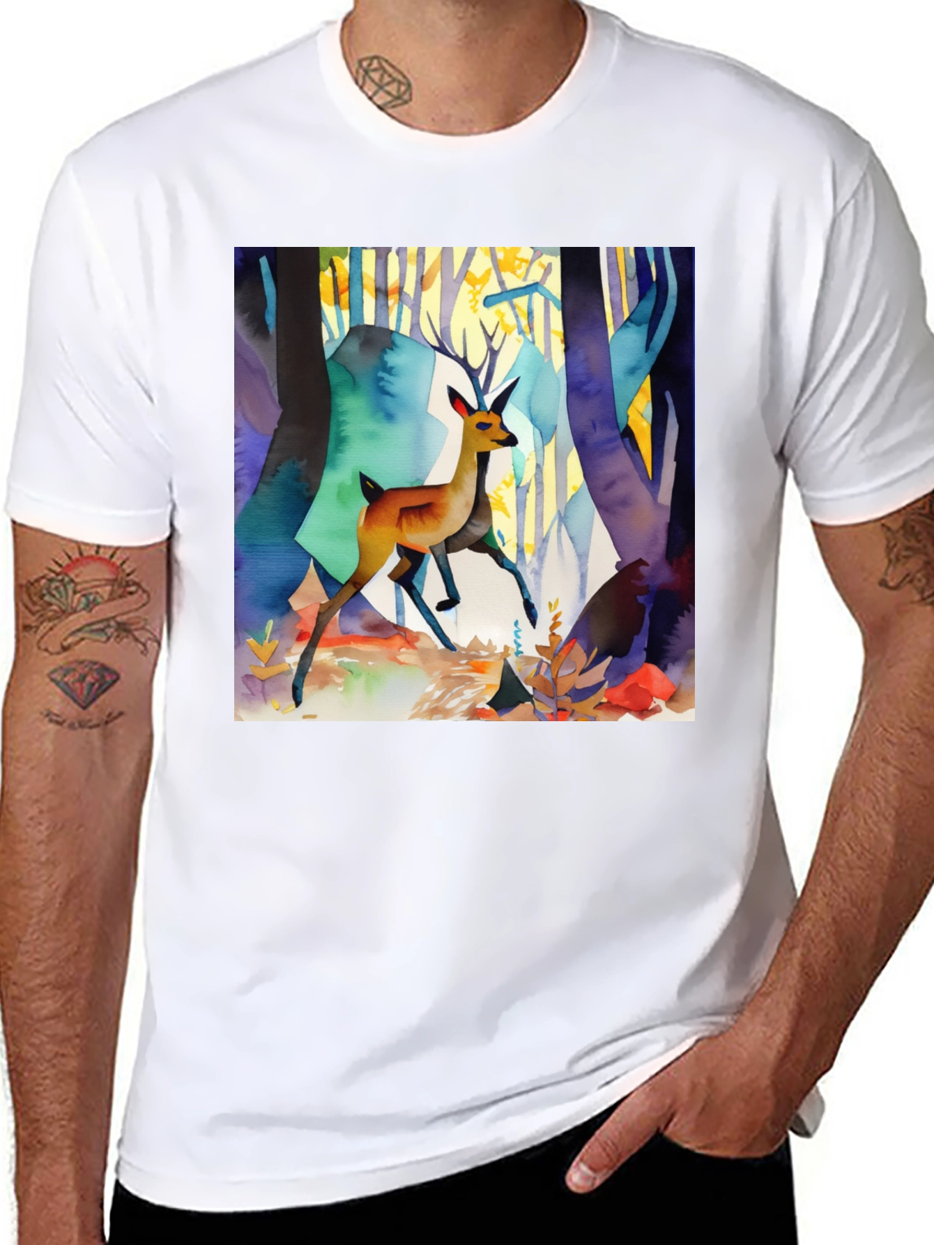 Black Watercolor Deer Forest Print Black T-Shirt view 8