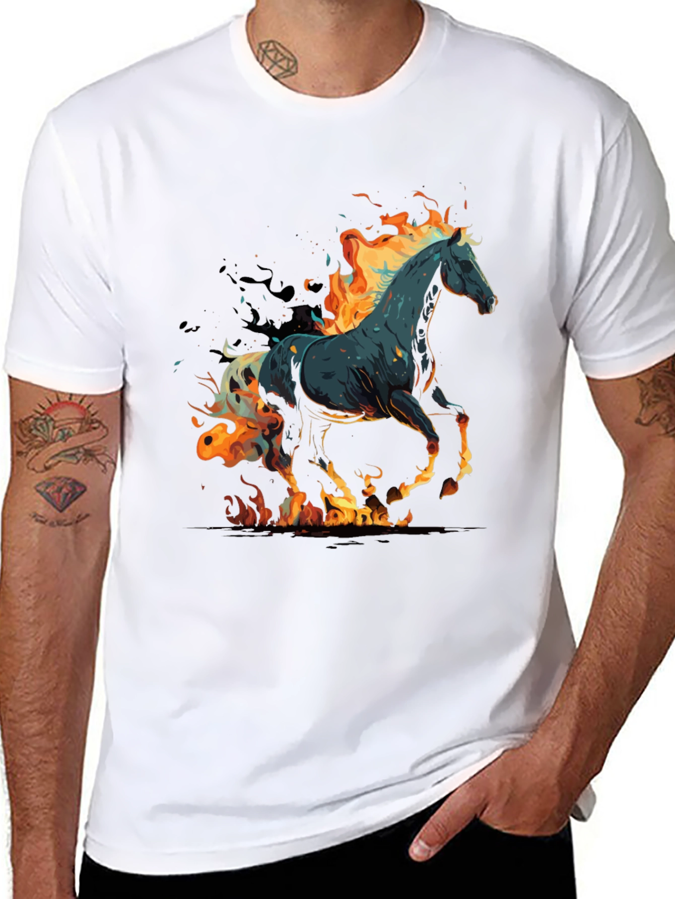 Flaming Horse Graphic Tee - Black Cotton Blend - 8