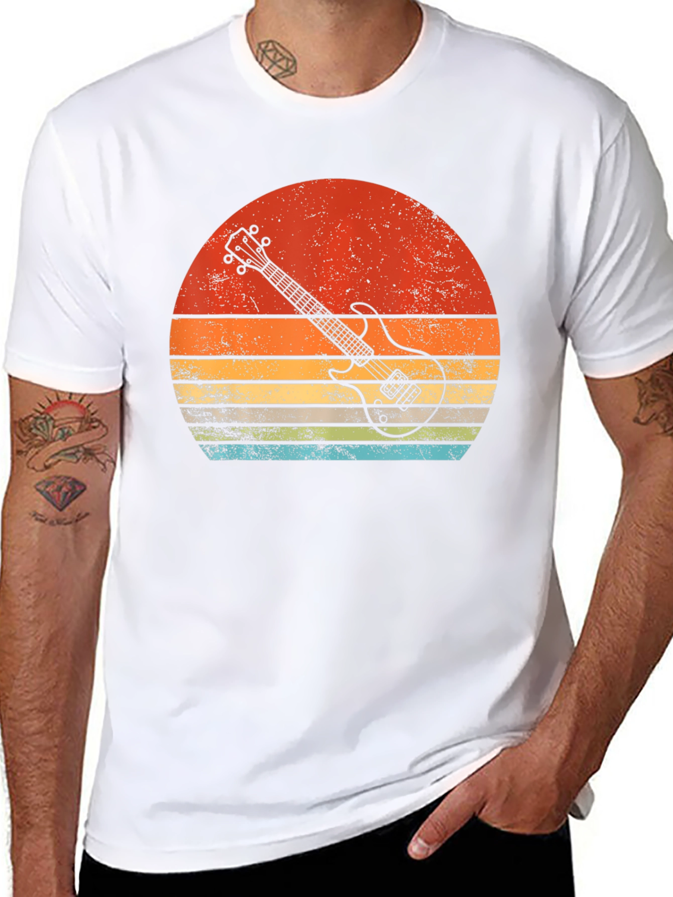 Black Retro Guitar Sunset Graphic Tee view 8